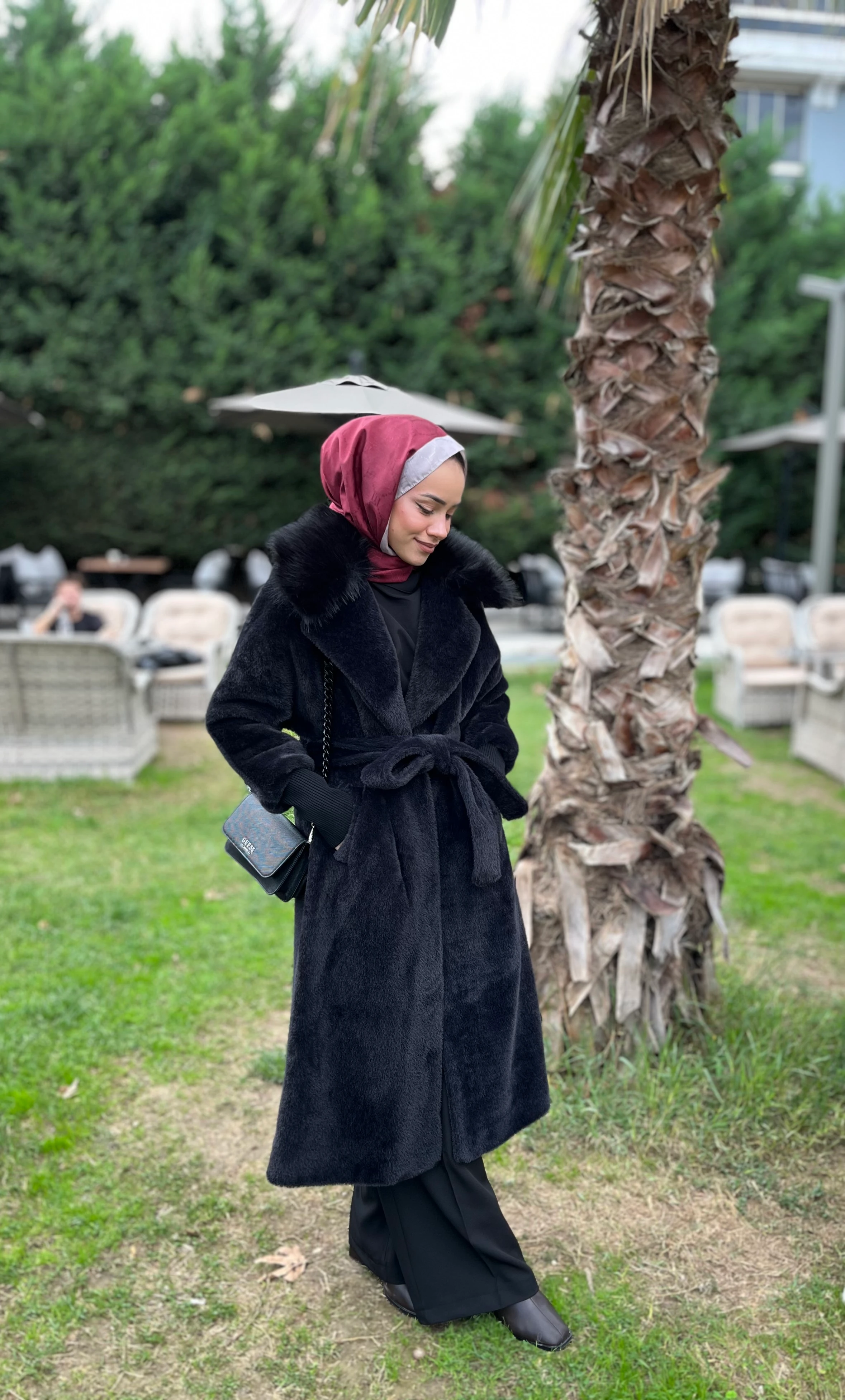 Kadın Çift Yakalı Kuşaklı Angora Kaban 15229KBN Siyah