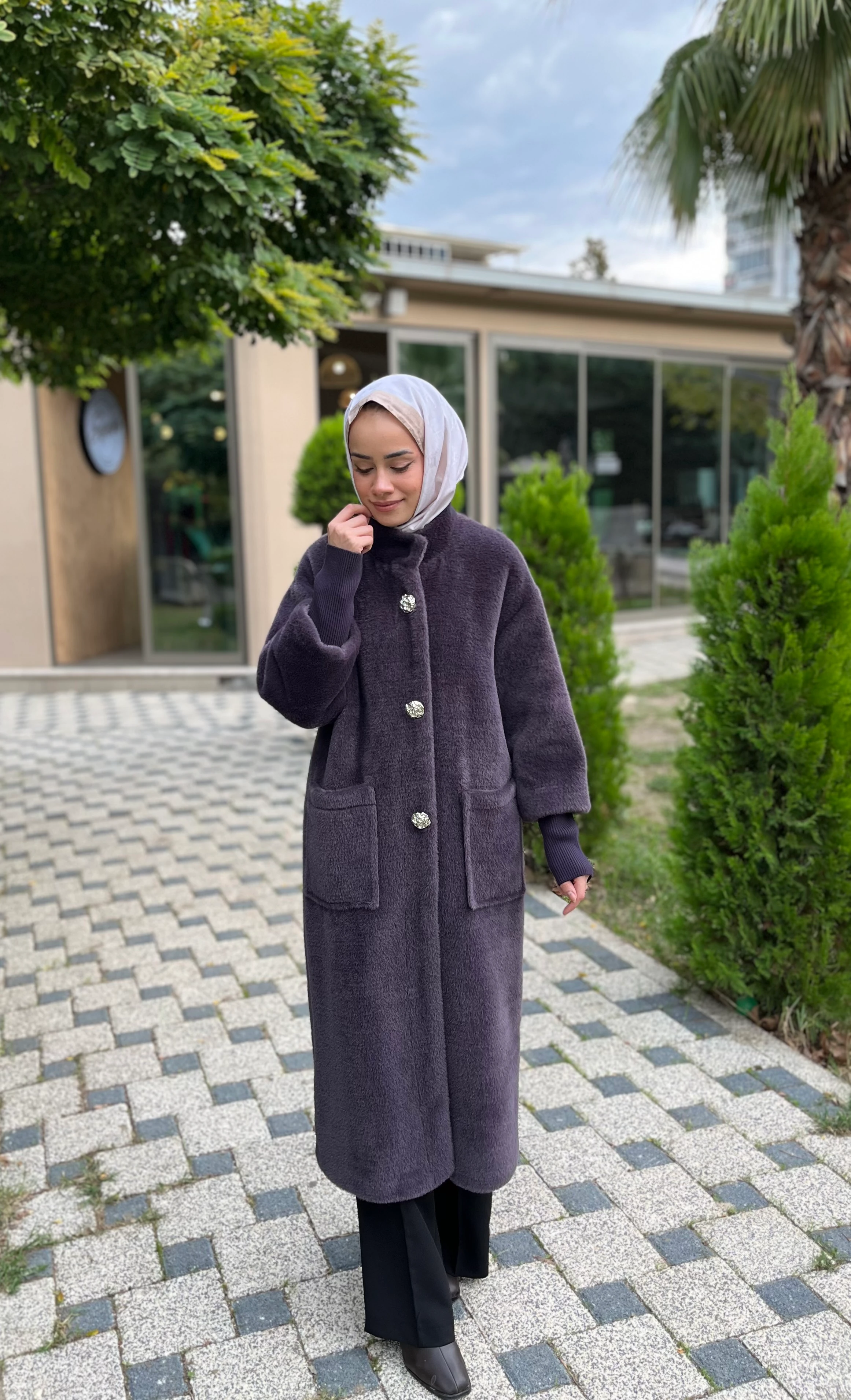 Kadın Düğme Detaylı Çıtçıtlı Angora Kaban 15231KBN Antrasit