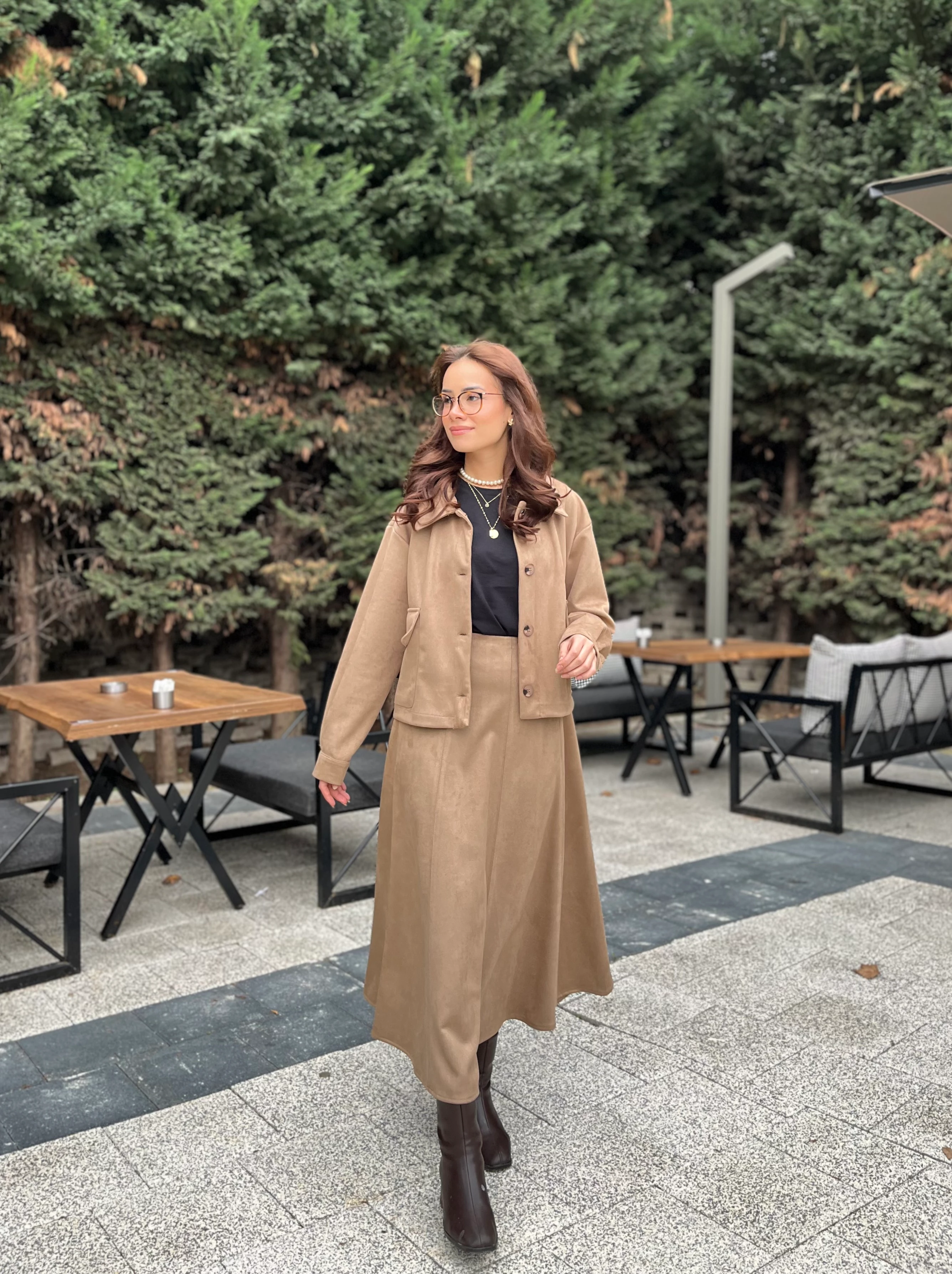 Kadın Süet Etekli Takım 14397 Camel