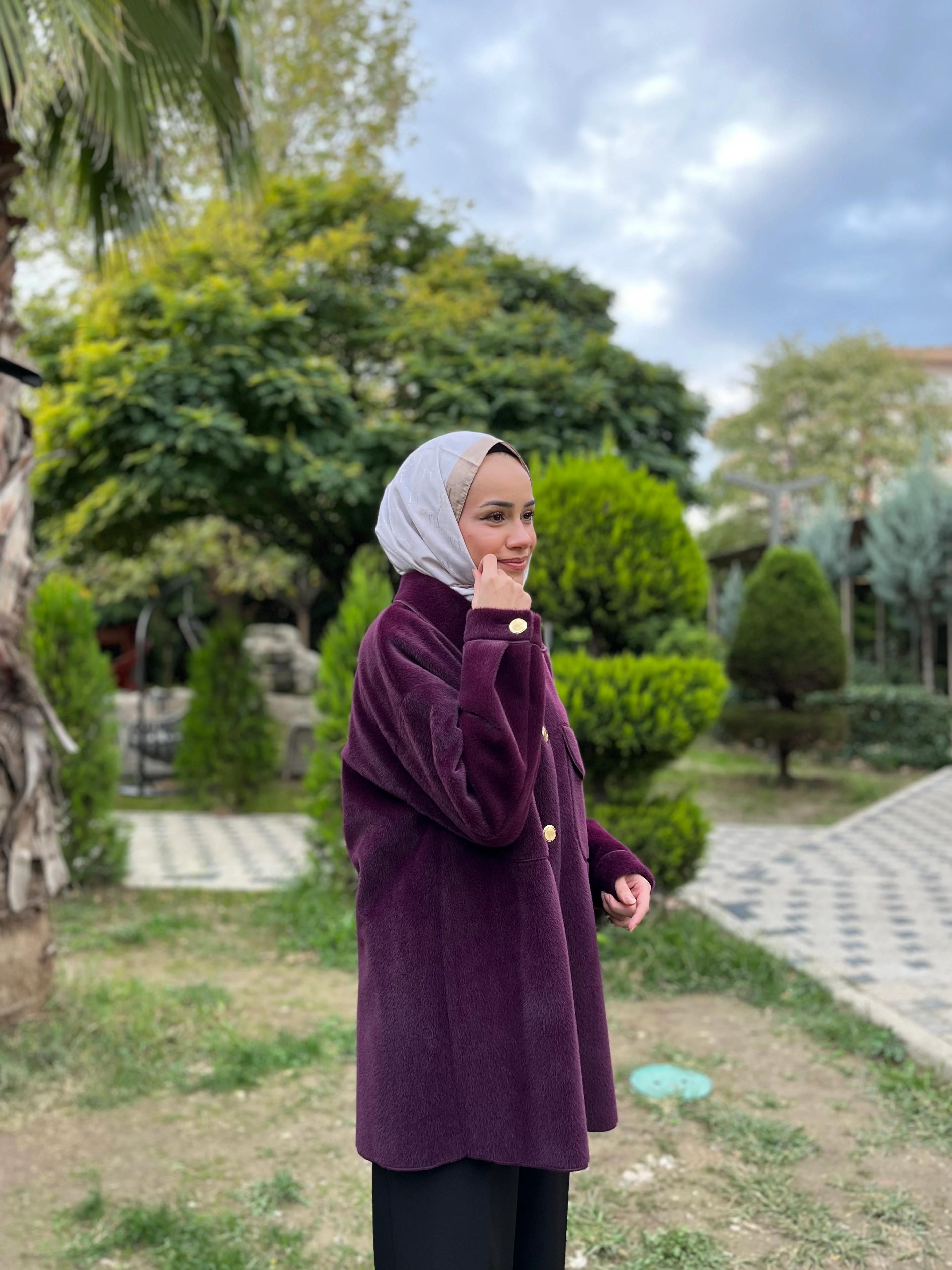 Kadın Tay Tüyü Gold Düğme Detaylı Ceket Mürdüm