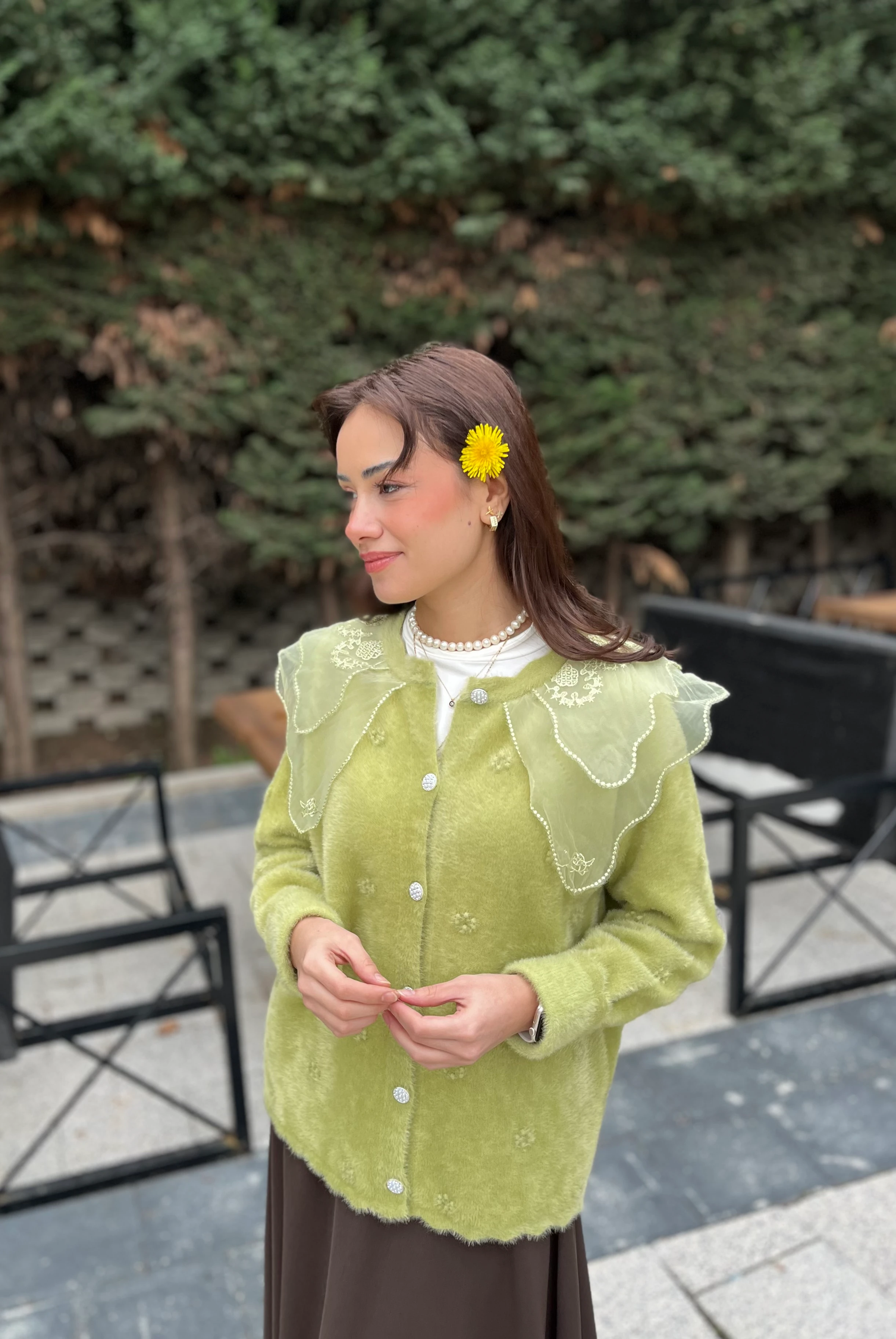 Vintage Yaka Angora Hırka 10002 STANDART BEDEN - Fıstık Yeşili