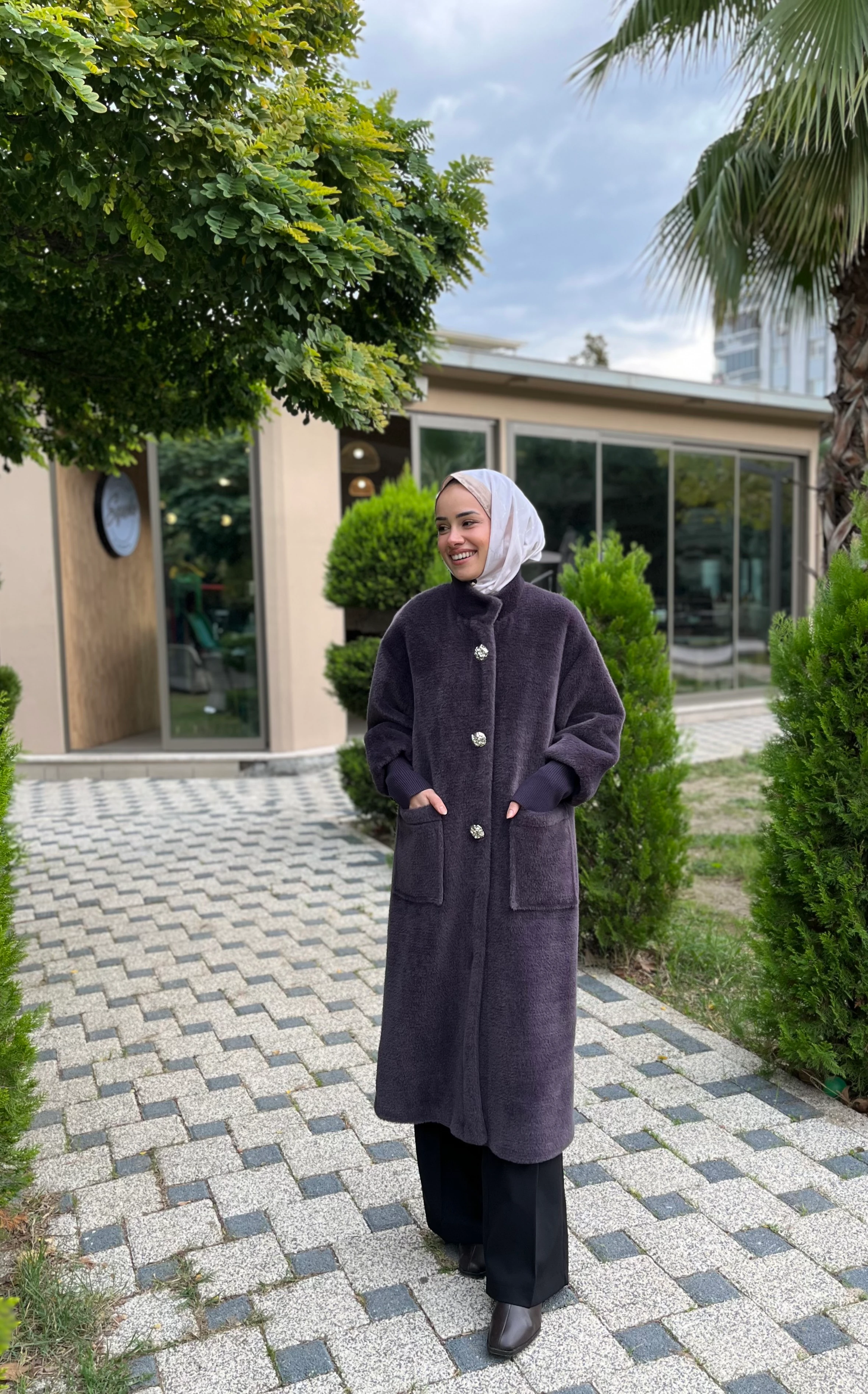 Kadın Düğme Detaylı Çıtçıtlı Angora Kaban 15231KBN Antrasit