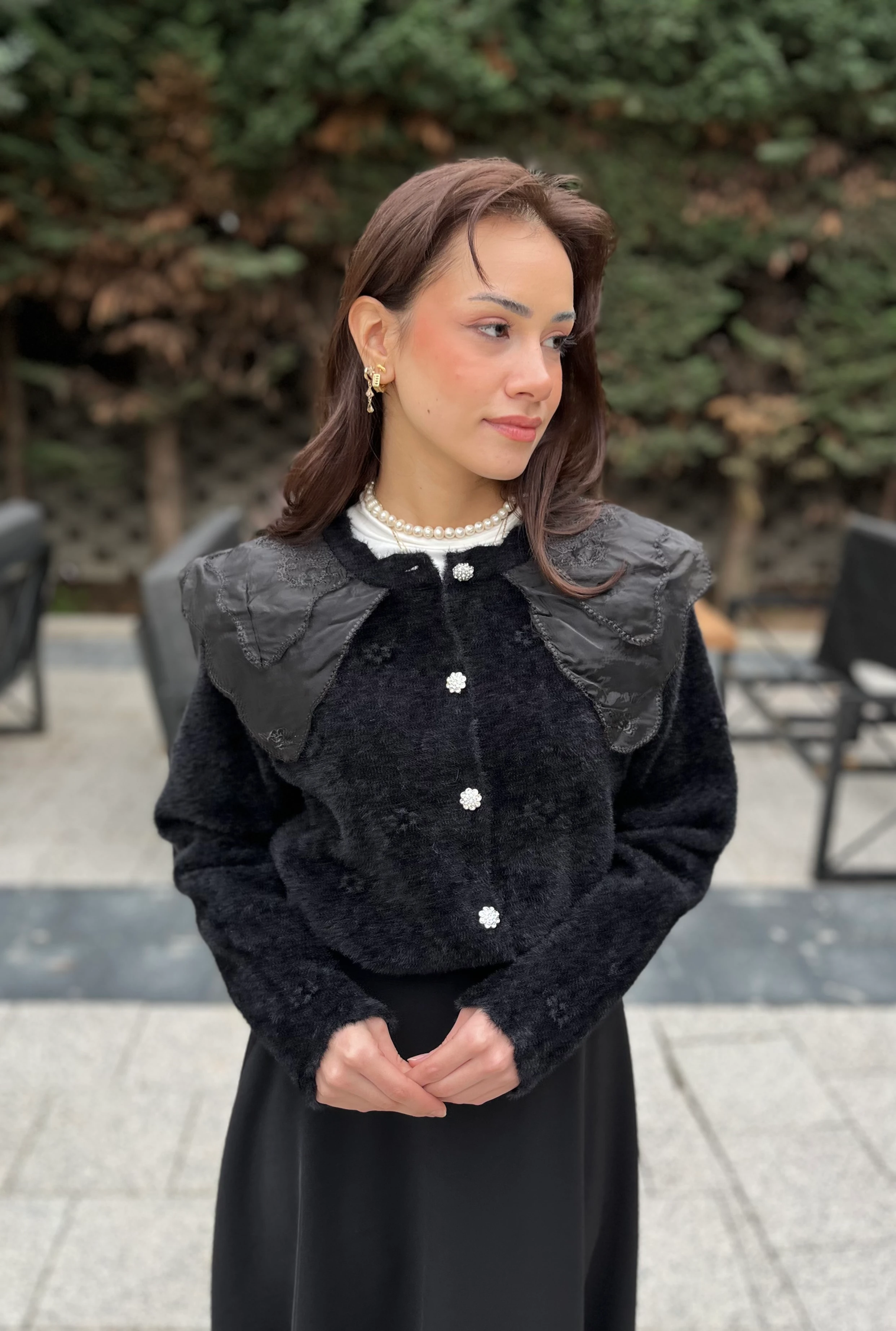 Vintage Yaka Angora Hırka 10002 STANDART BEDEN - Siyah