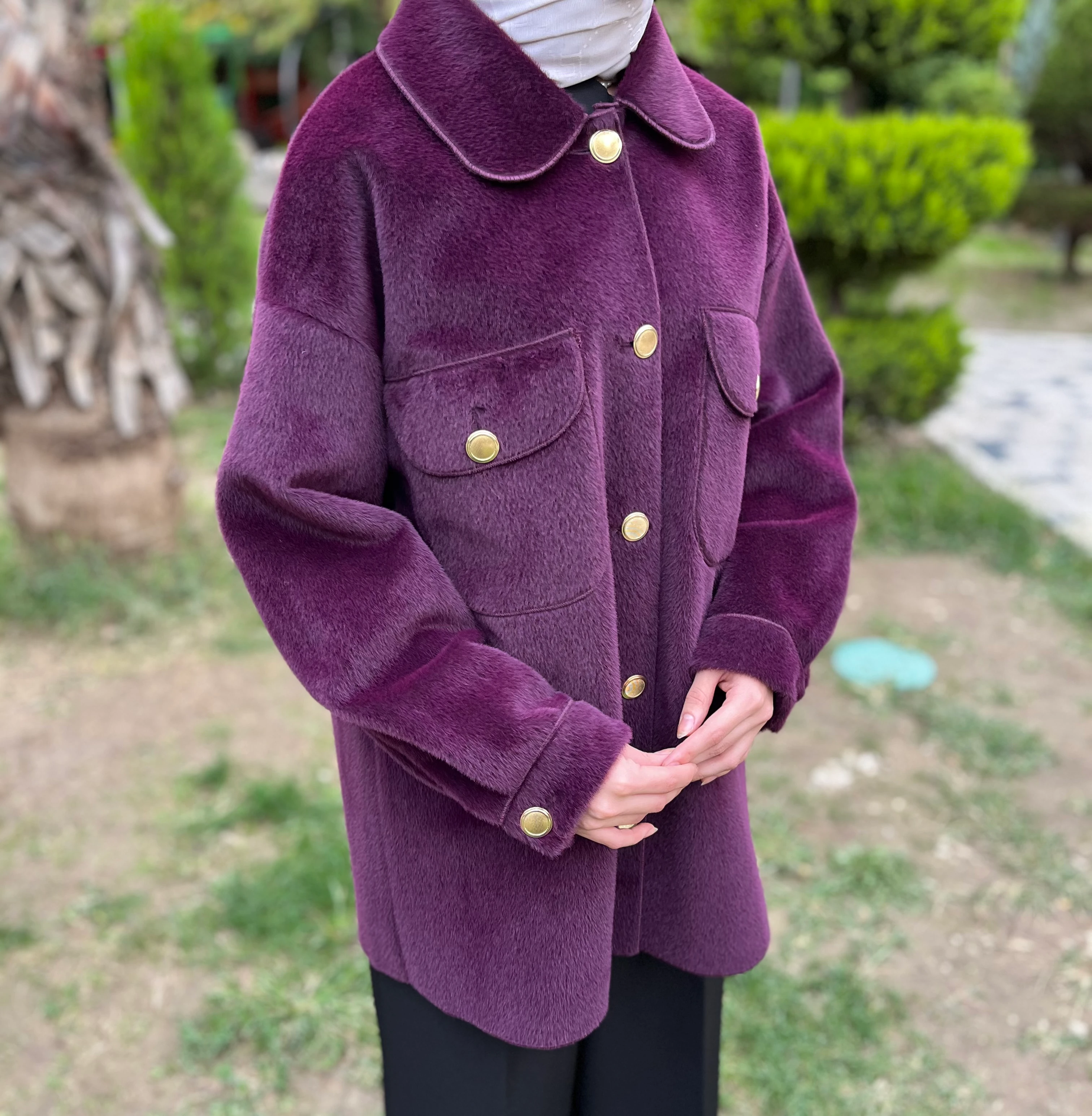 Kadın Tay Tüyü Gold Düğme Detaylı Ceket Mürdüm