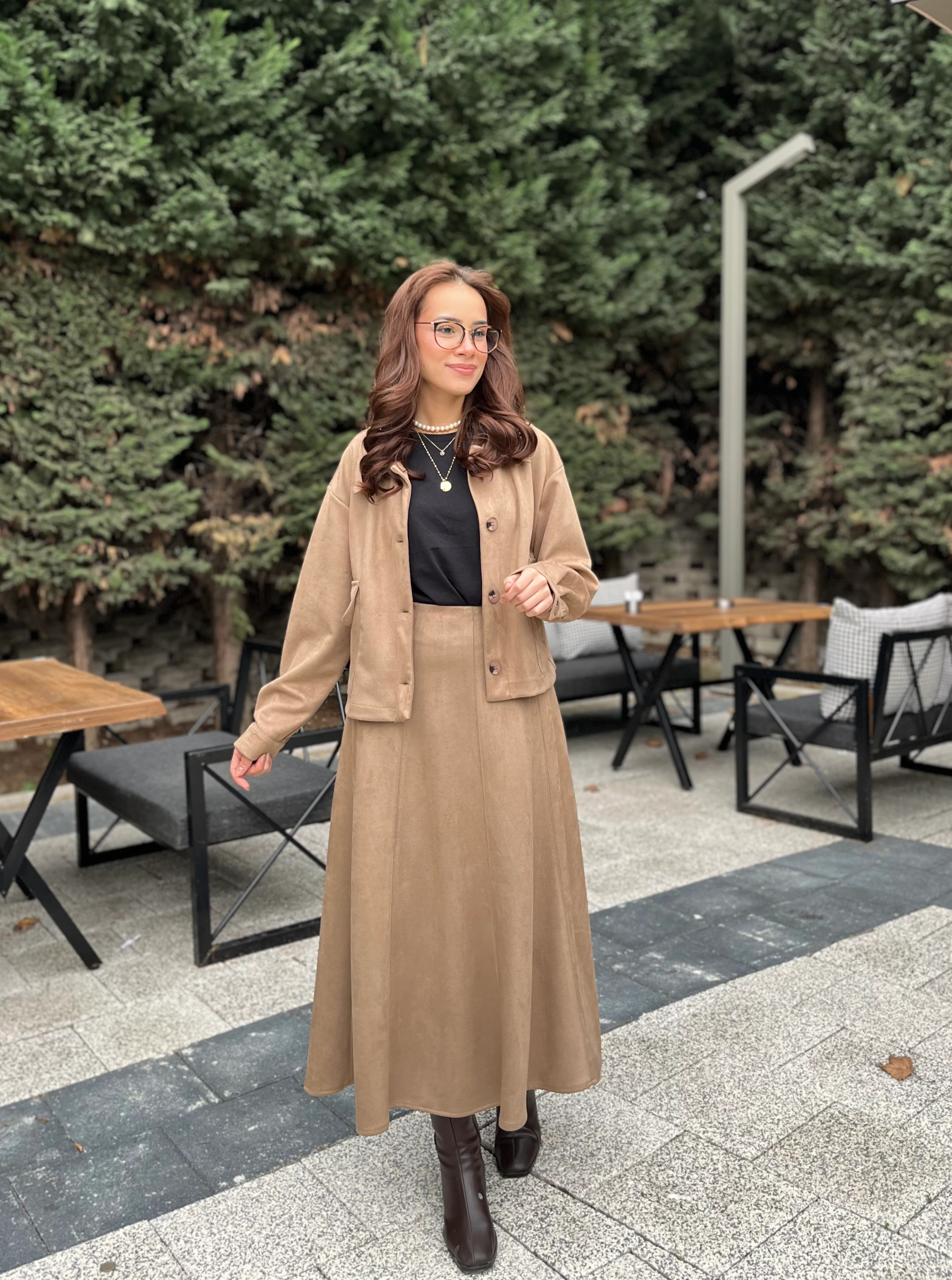 Kadın Süet Etekli Takım 14397 Camel