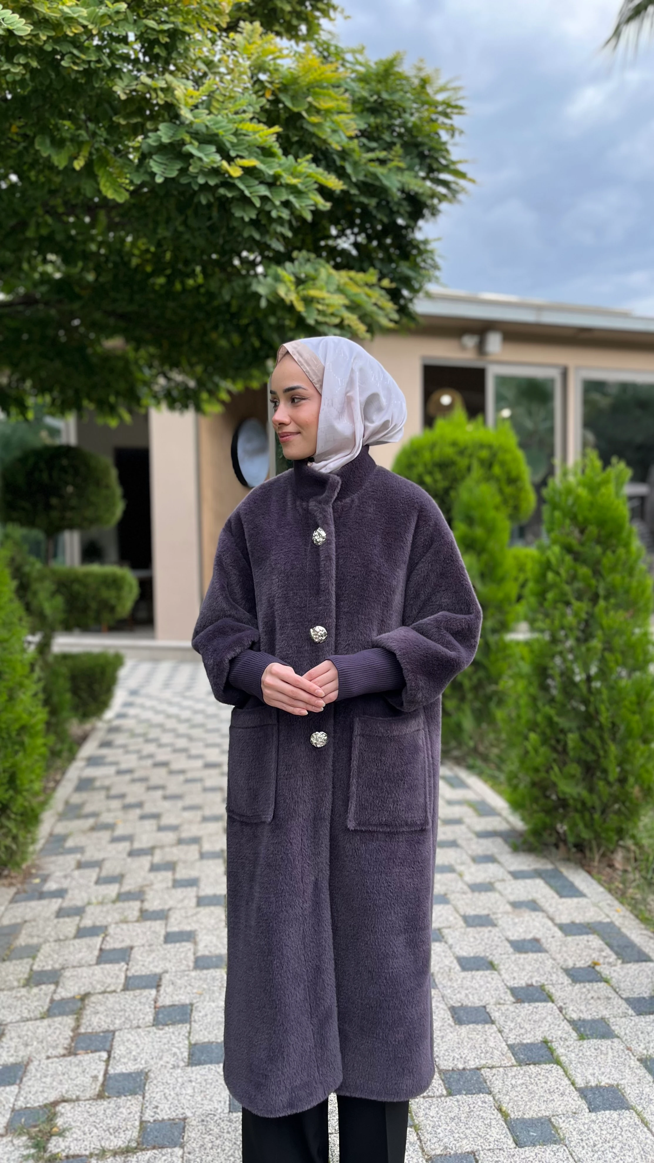 Kadın Düğme Detaylı Çıtçıtlı Angora Kaban 15231KBN Antrasit