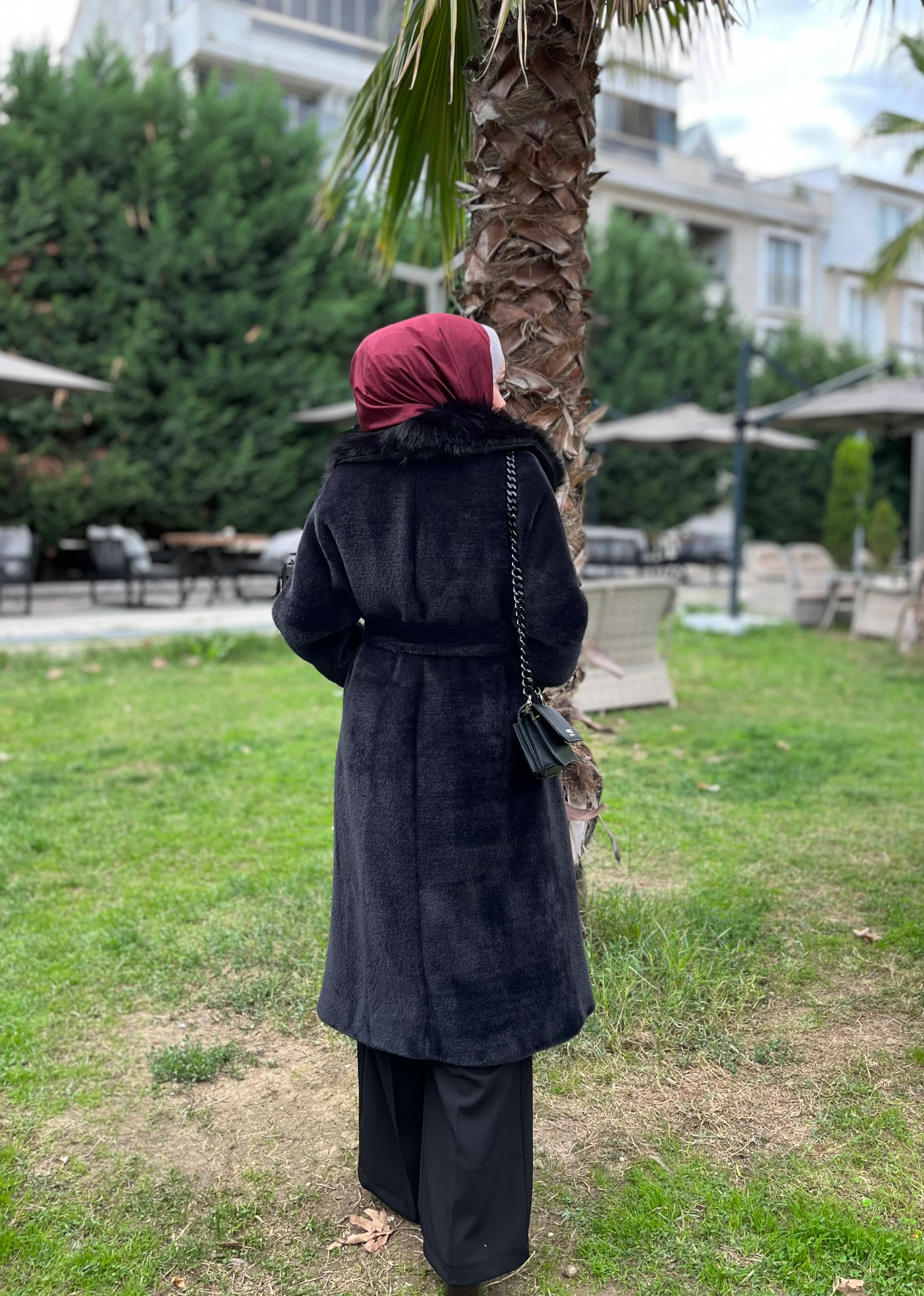 Kadın Çift Yakalı Kuşaklı Angora Kaban 15229KBN Siyah