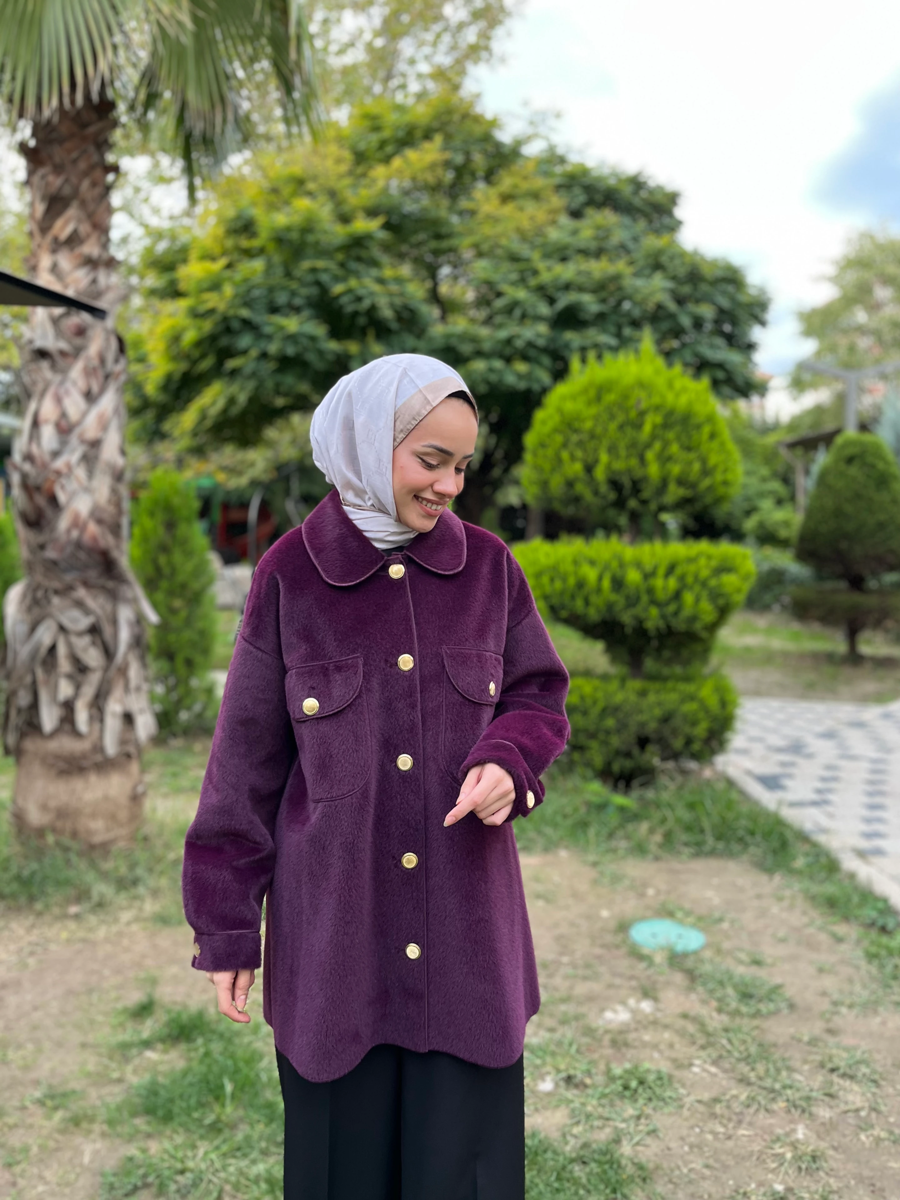 Kadın Tay Tüyü Gold Düğme Detaylı Ceket Mürdüm