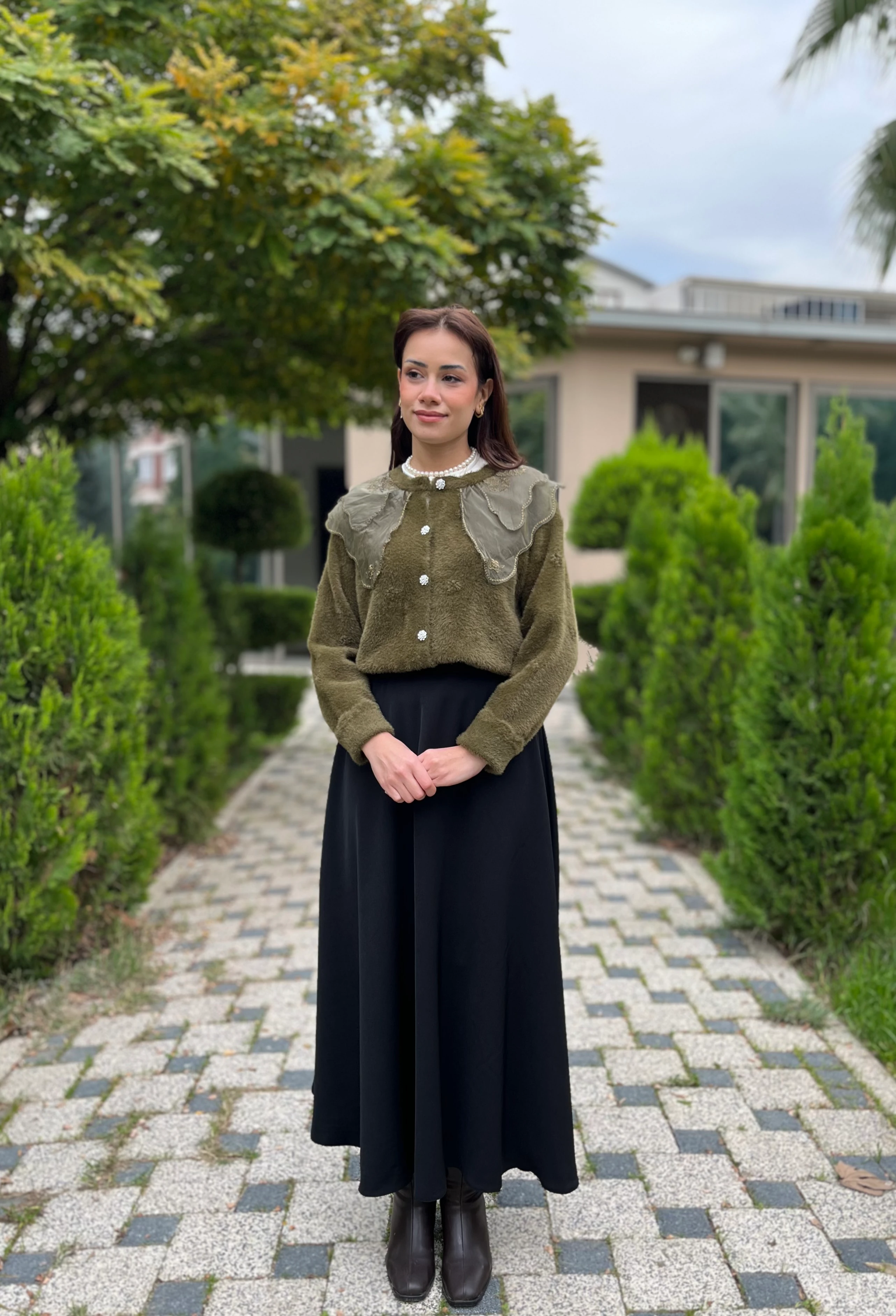 Vintage Yaka Angora Hırka 10002 STANDART BEDEN - Haki