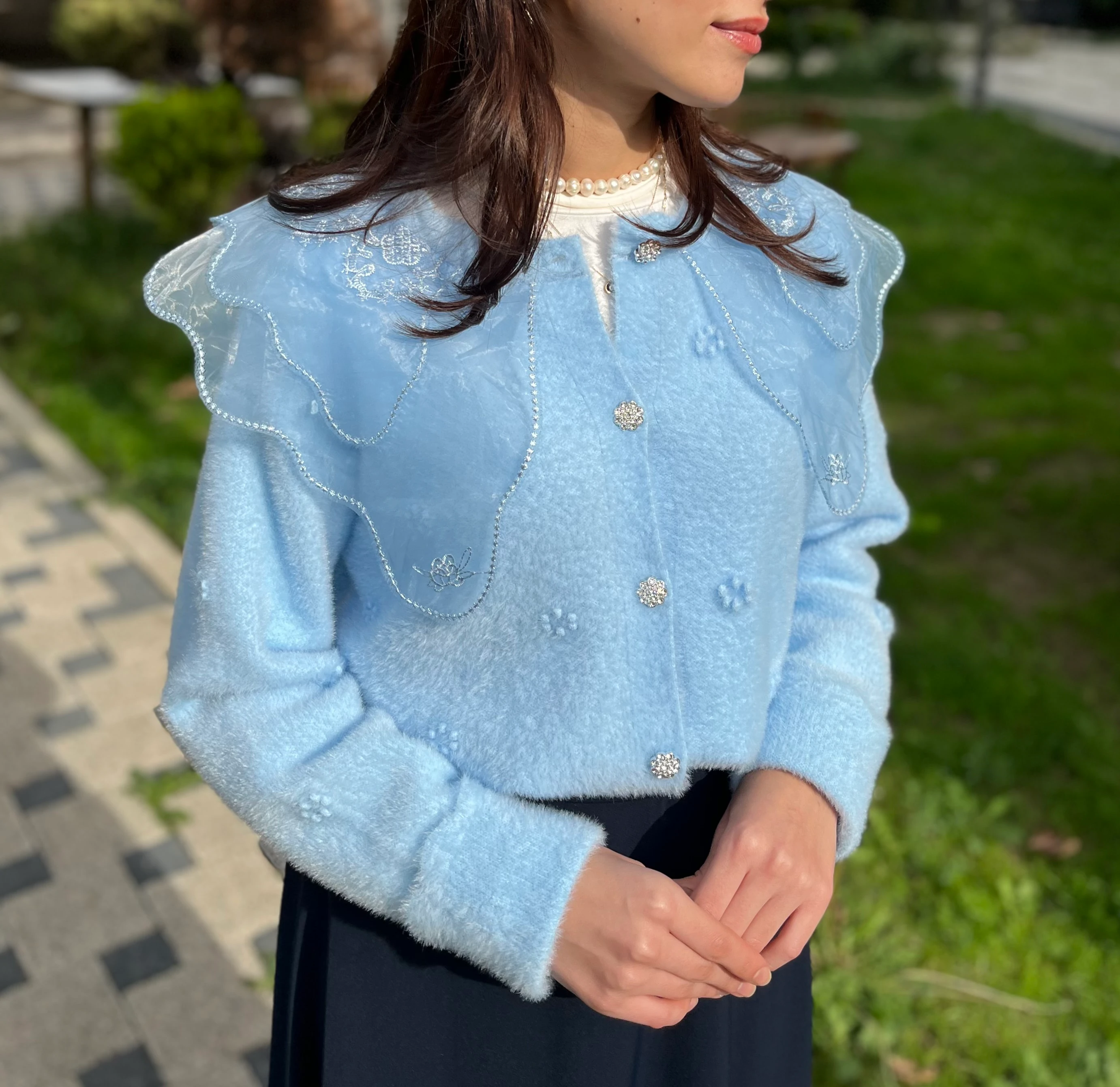 Vintage Yaka Angora Hırka 10002 STANDART BEDEN - Bebe Mavisi