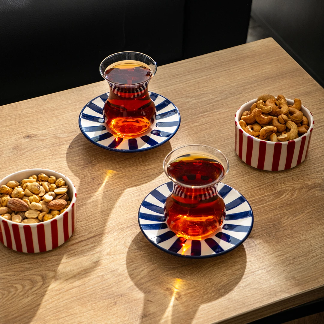 Çizgi Desen Çay Tabağı 6'lı - Mavi