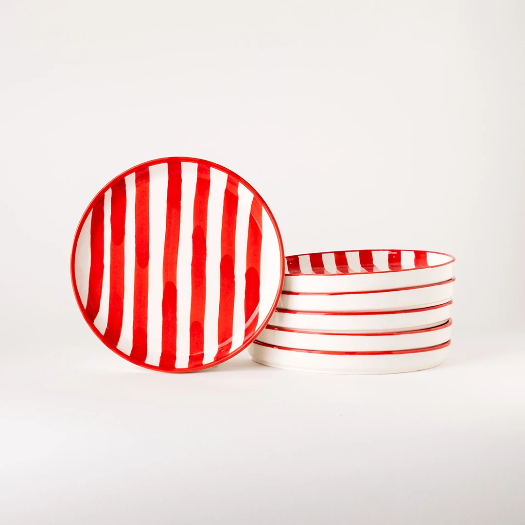 Çizgi Desen Kahvaltı Tabağı 19cm 6'lı - Kırmızı