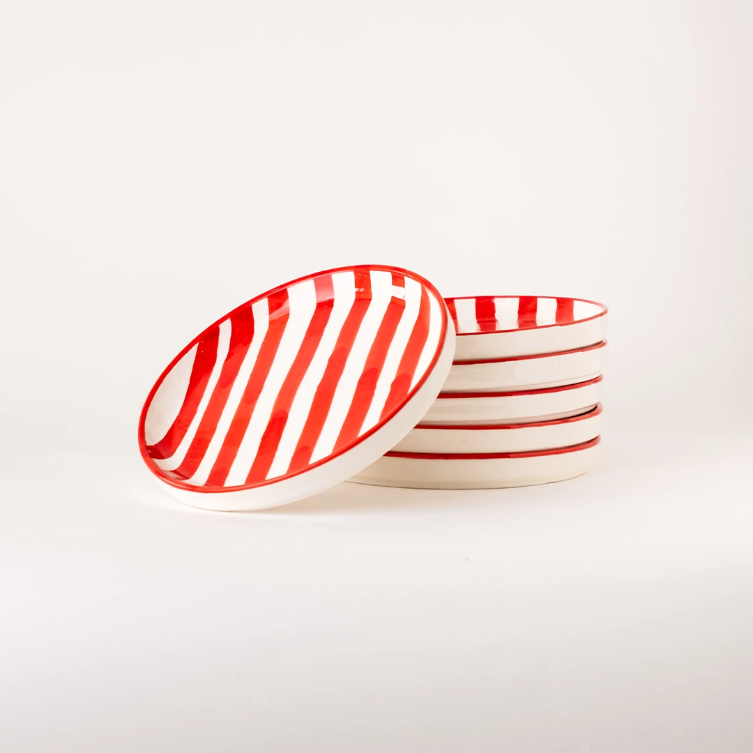 Çizgi Desen Kahvaltı Tabağı 19cm 6'lı - Kırmızı