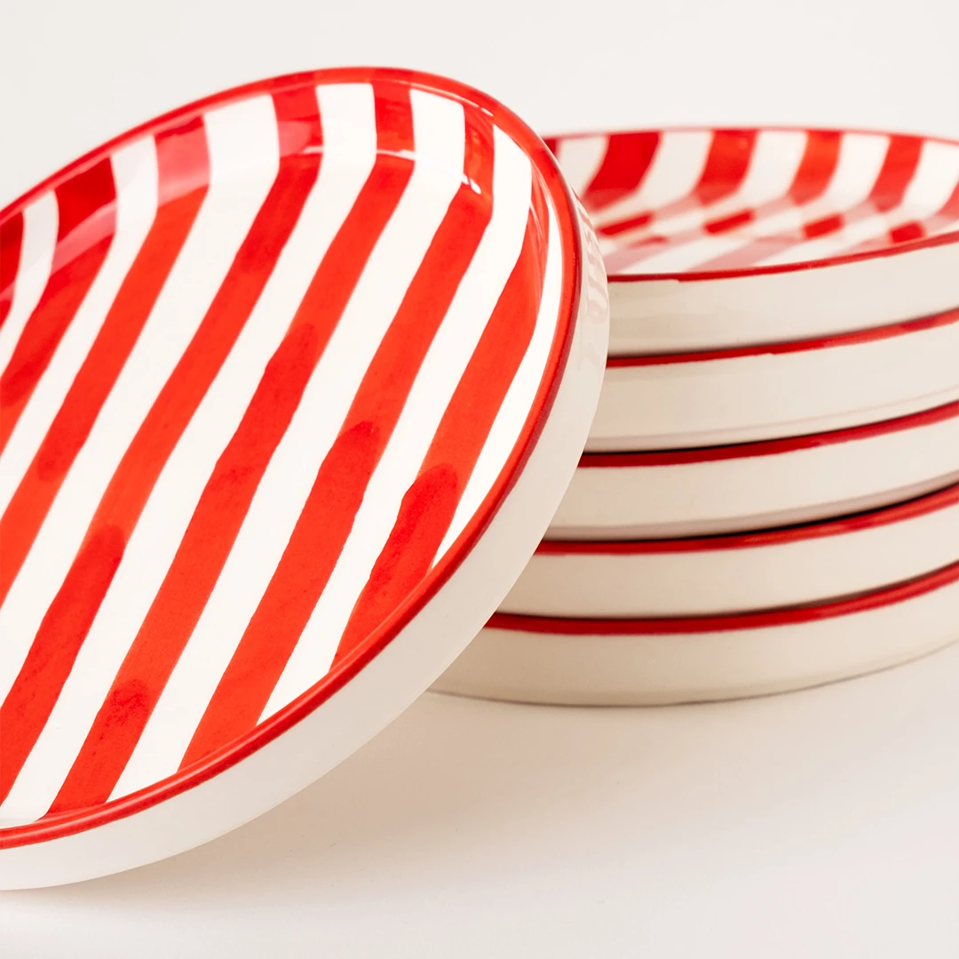 Çizgi Desen Kahvaltı Tabağı 19cm 6'lı - Kırmızı