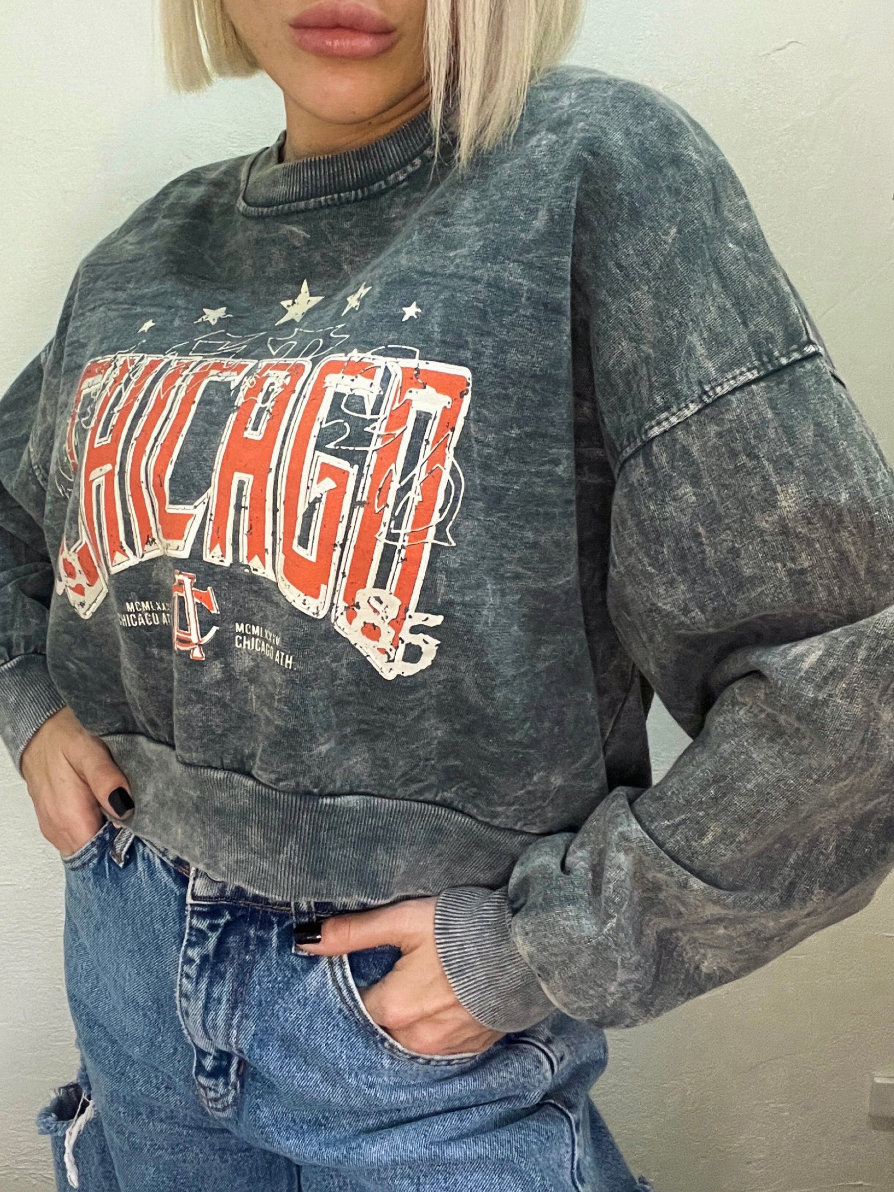 Kısa Baskılı Sweatshirt - Gri image