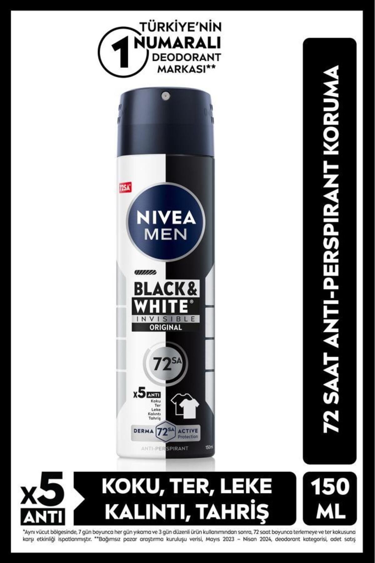 MEN Erkek Sprey Deodorant Black&White Invisible Original 150ml, 72 Saat Anti-perspirant Ter Koruması
