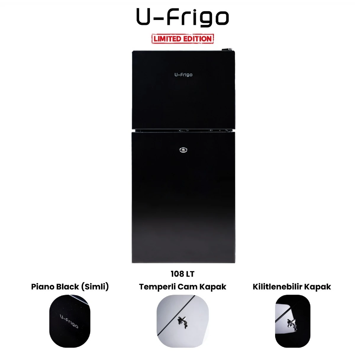 U-Frigo 108 LT Limited Edition 12/24V Kompresörlü Buzdolabı Temperli Cam Kapak SİYAH