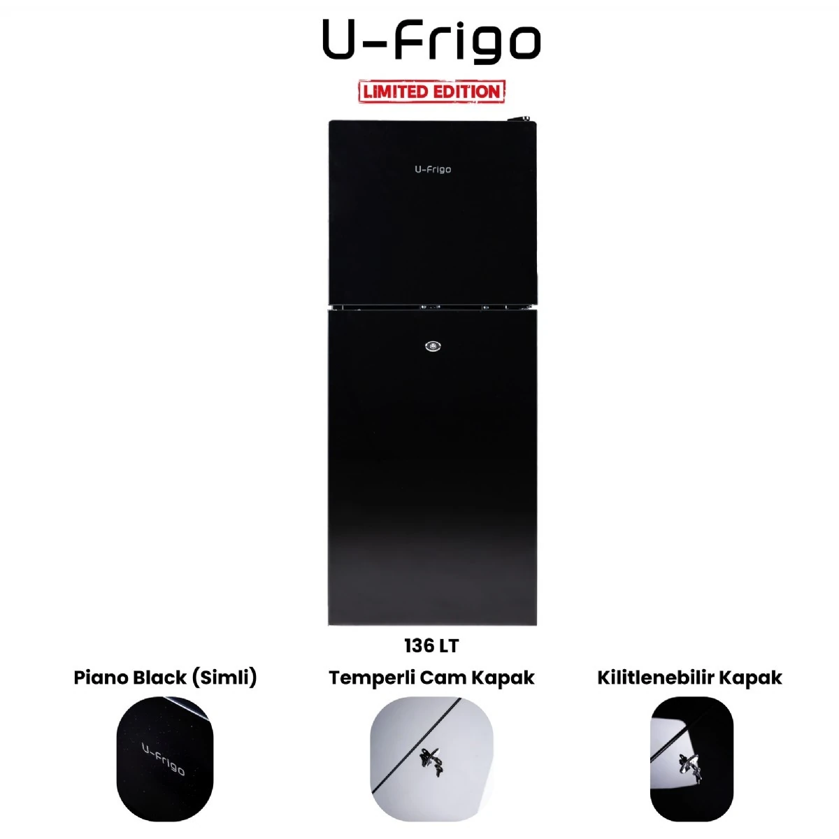 U-Frigo 136 LT Limited Edition 12/24V Kompresörlü Buzdolabı Temperli Cam Kapak SİYAH
