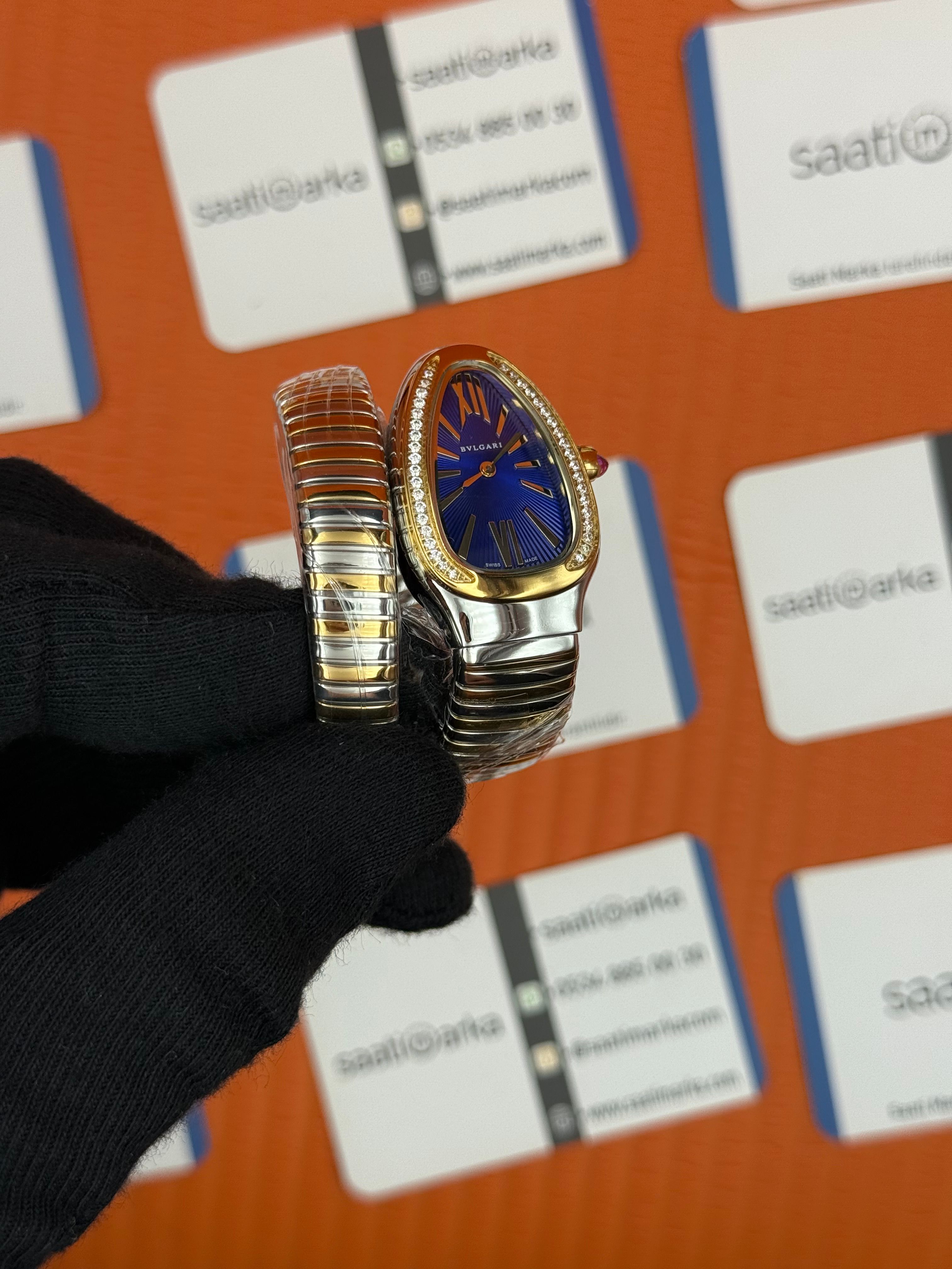 BVLGARİ serpenti tek sarma gold silver kordon taşlı bezel mavi kadran kadın kol saati