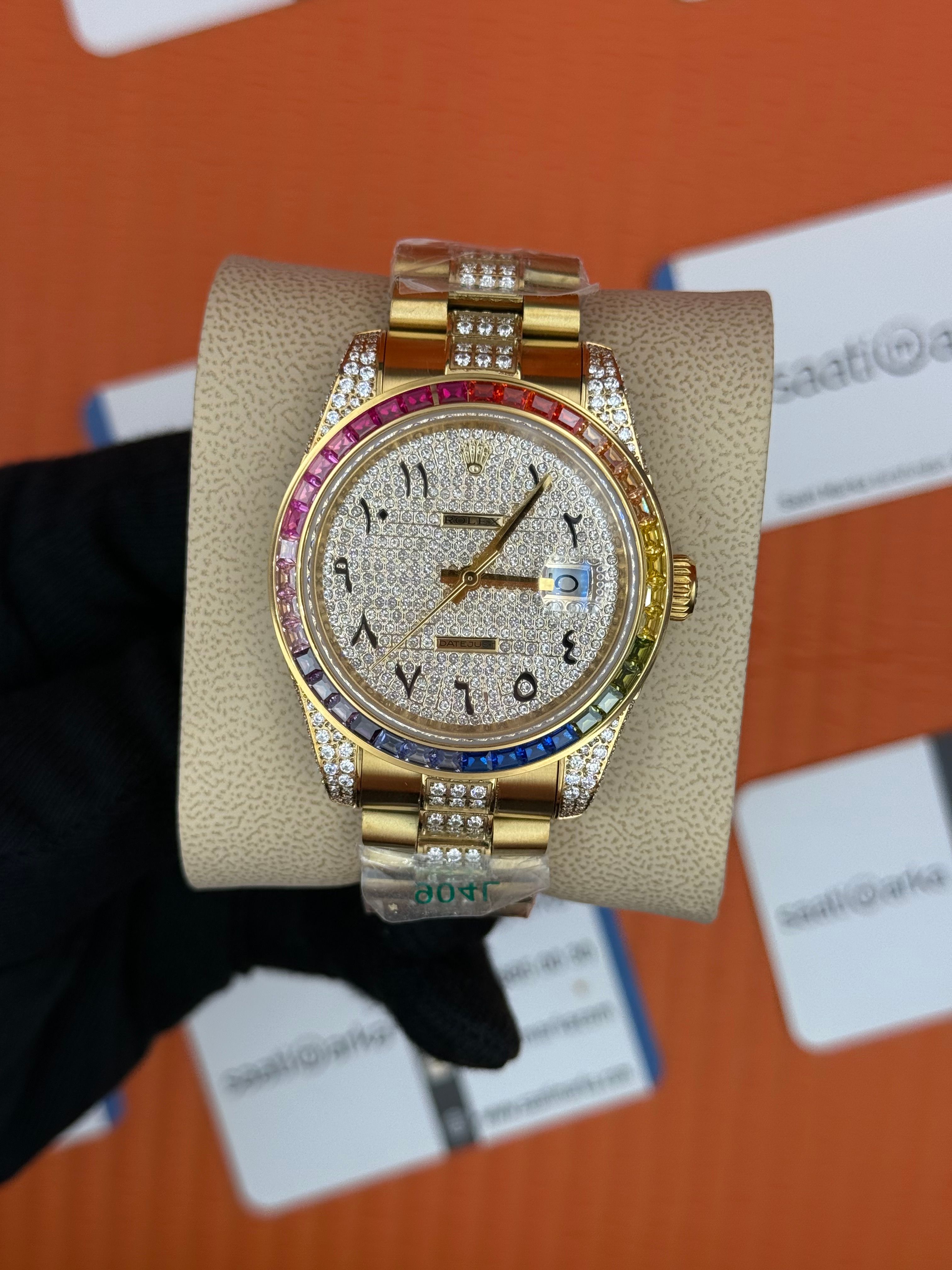 ROLEX Datejust arap rakamlı kadran taşlı kasa kordon gold