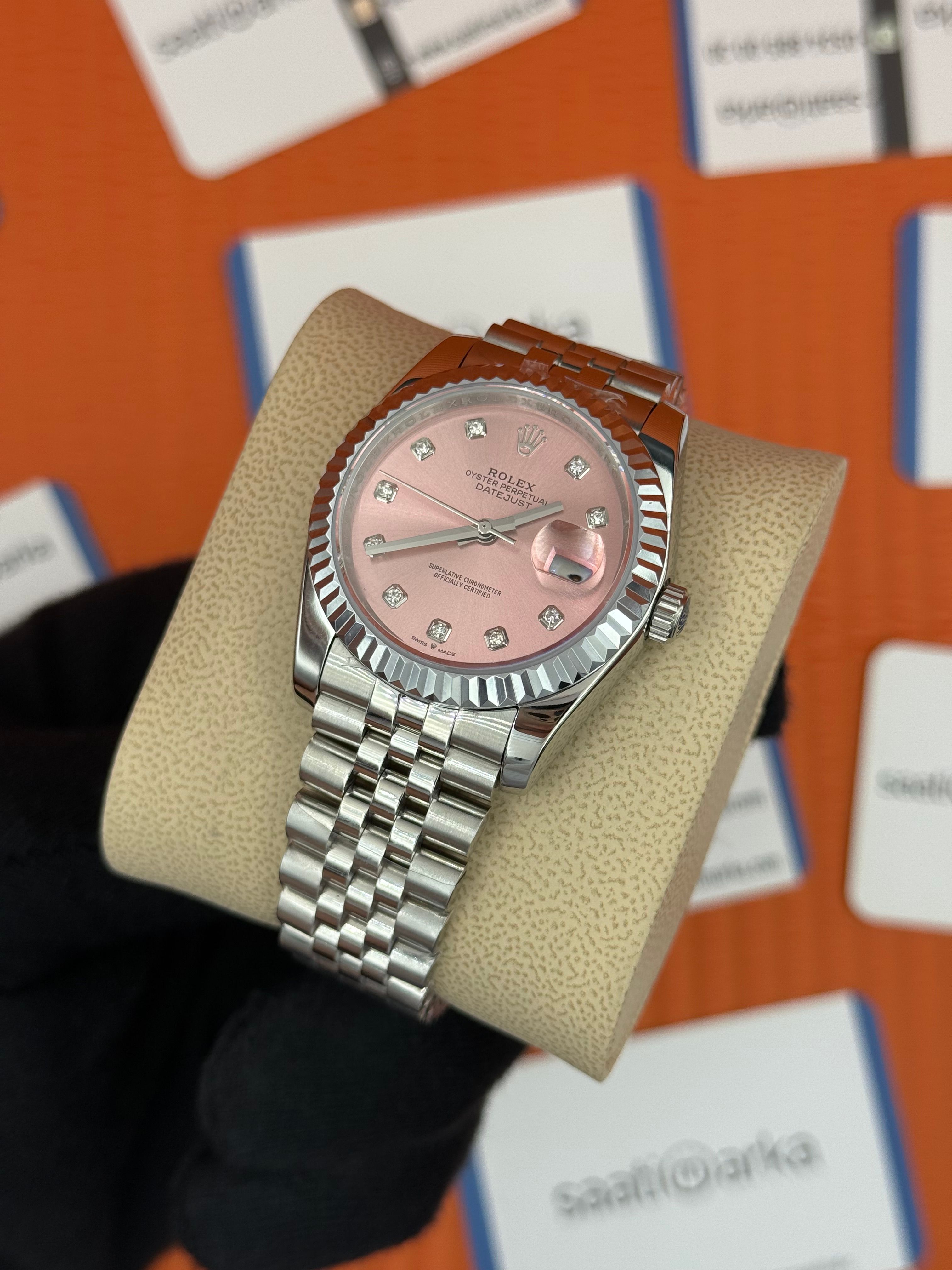 ROLEX datejust 36mm silver jubile kordon pembe baget taş kadran