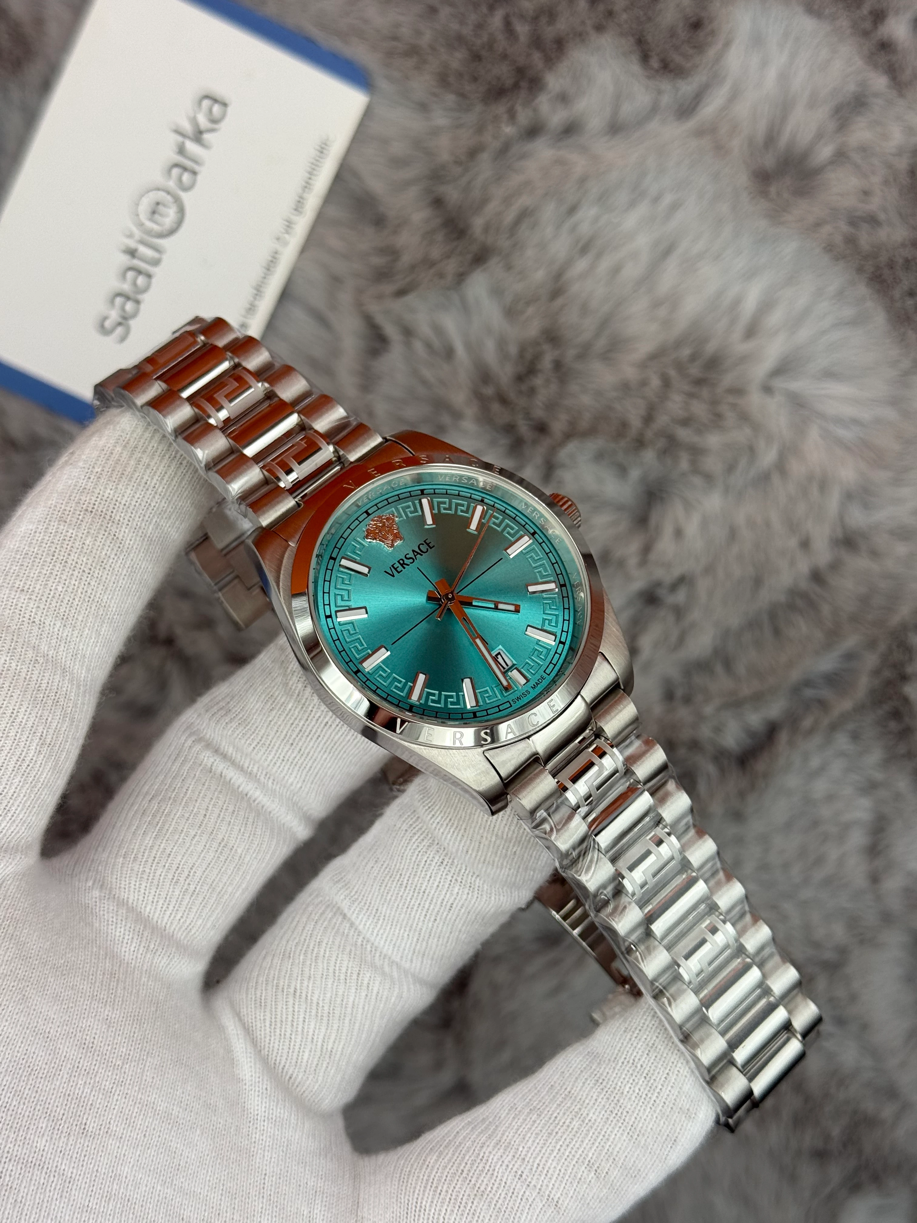 VERSACE 40MM TURKUAZ KADRAN SİLVER KASA KORDON ERKEK KOL SAATİ