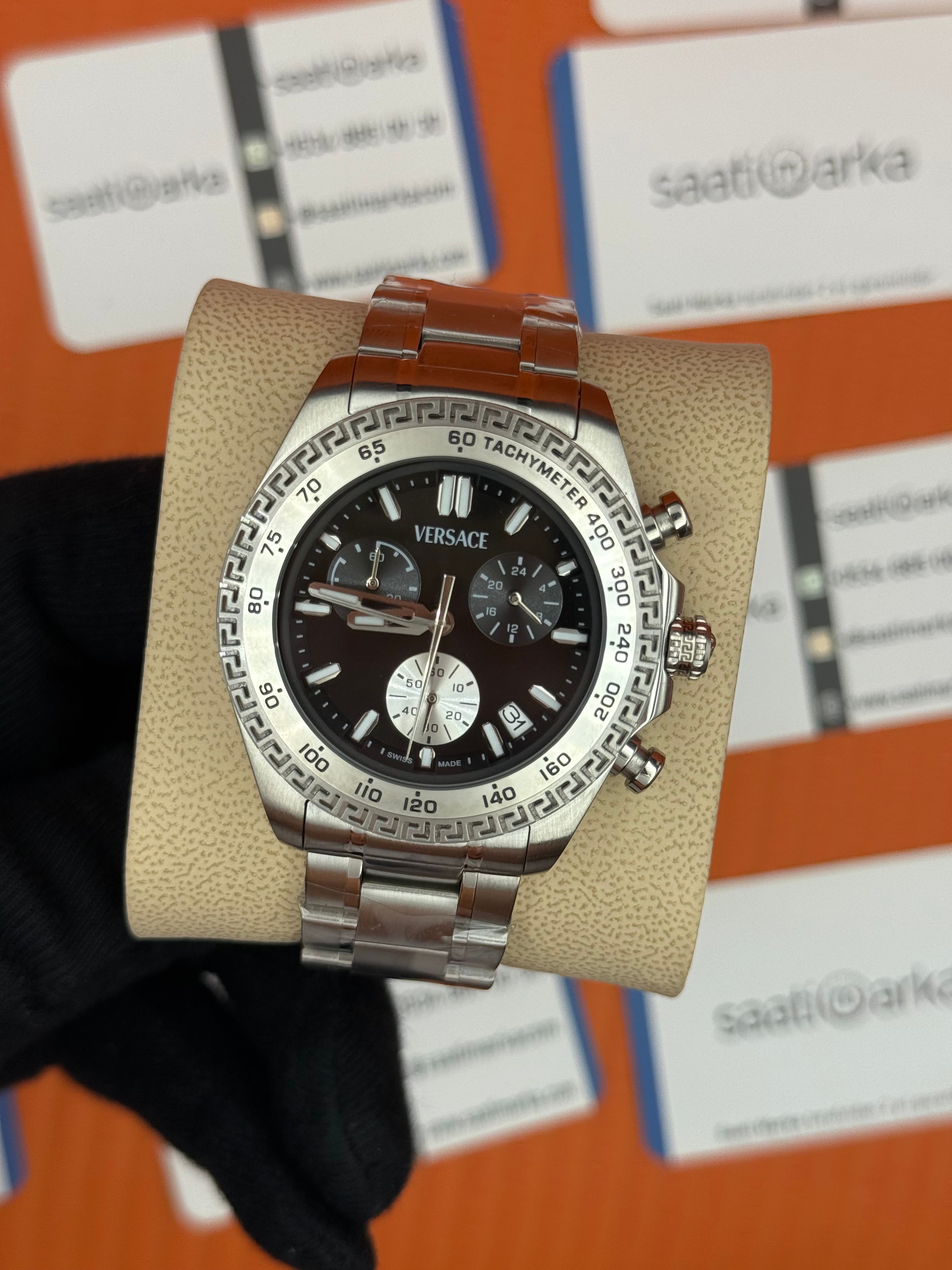 VERSACE siyah kadran silver kasa kordon erkek kol saati