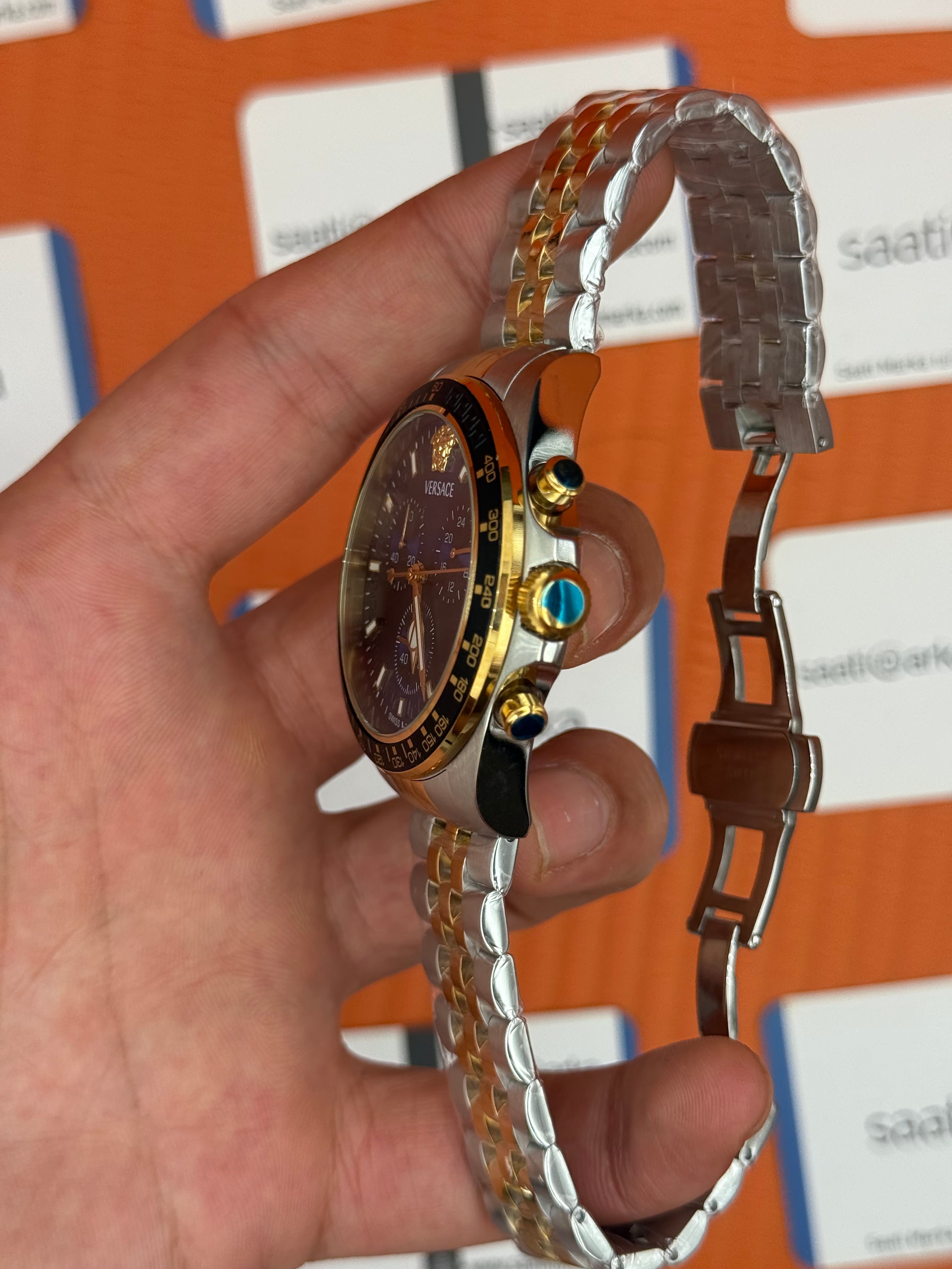 VERSACE lacivert kadran gold silver kasa kordon jubilee erkek kol saati