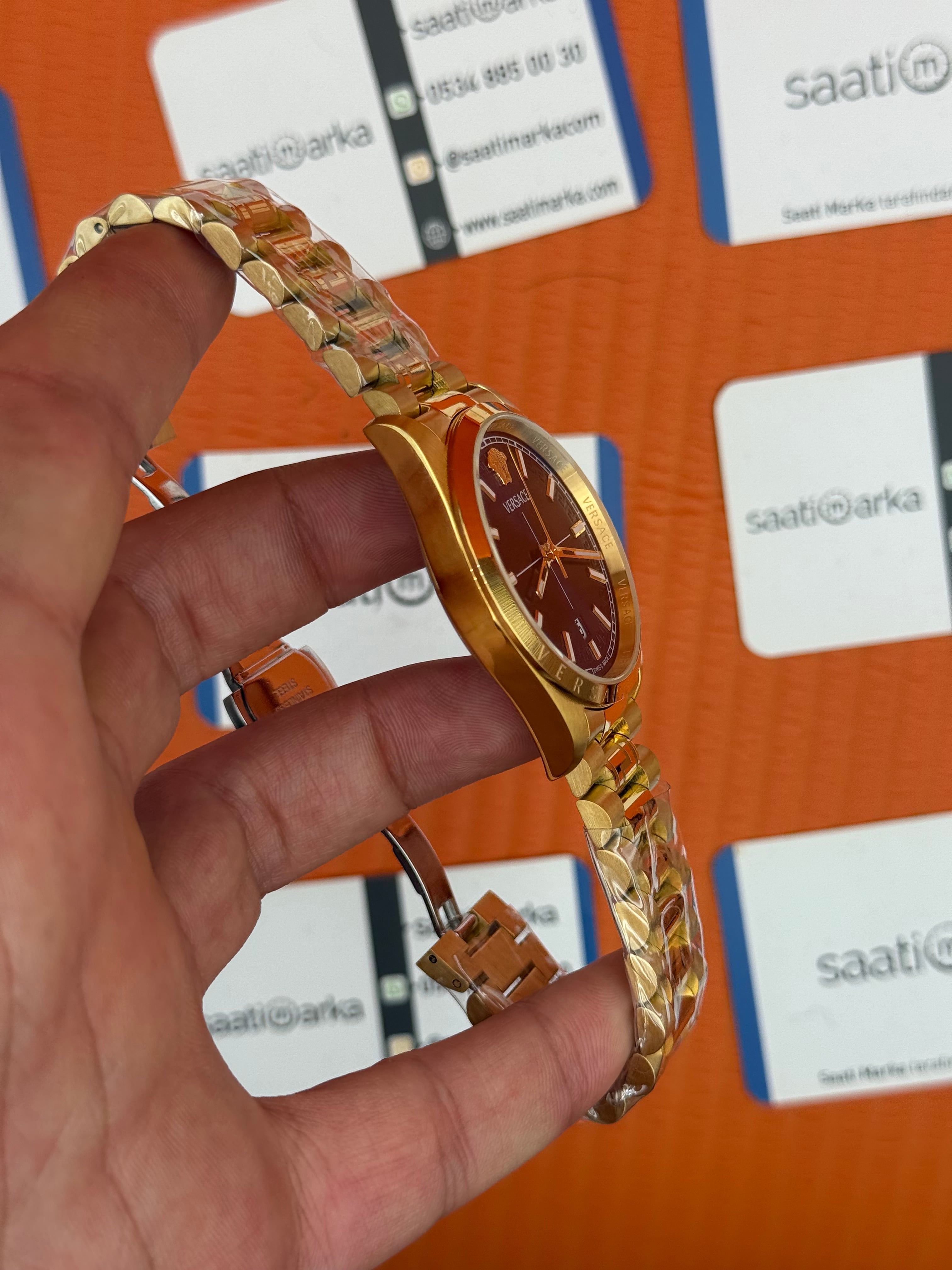 VERSACE 40mm lacivert kadran gold kasa kordon erkek kol saati