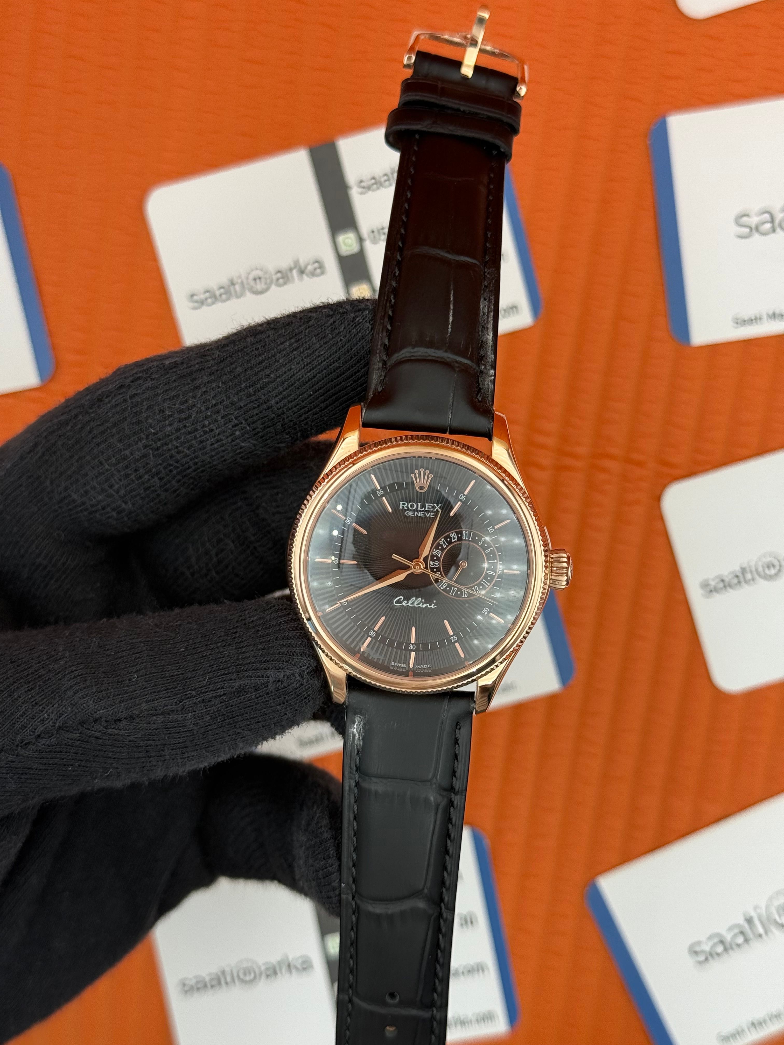 ROLEX Cellini rose kasa siyah kadran siyah deri kordon