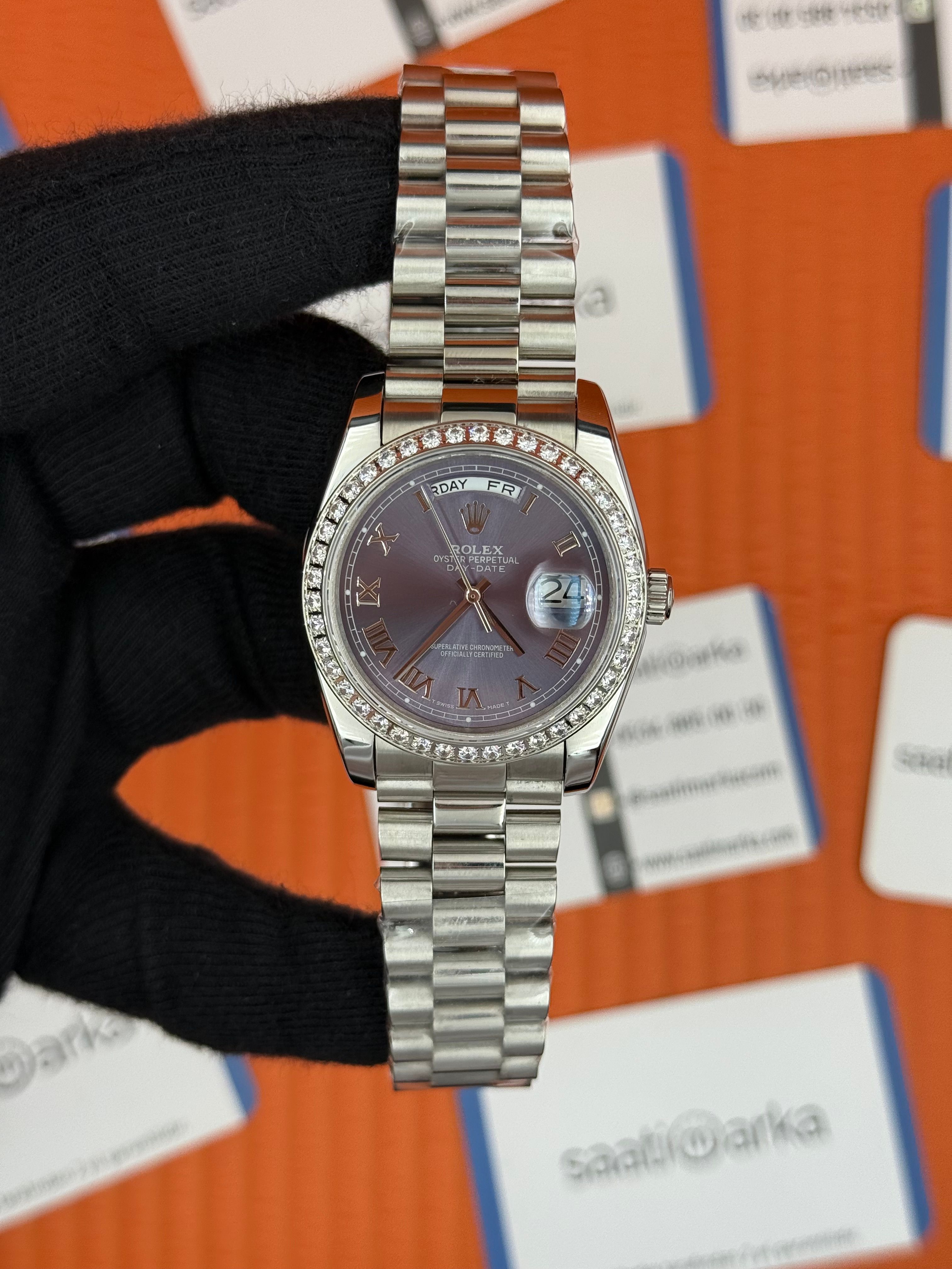 ROLEX day date 36mm president silver kordon mor kadran taşlı bezel 