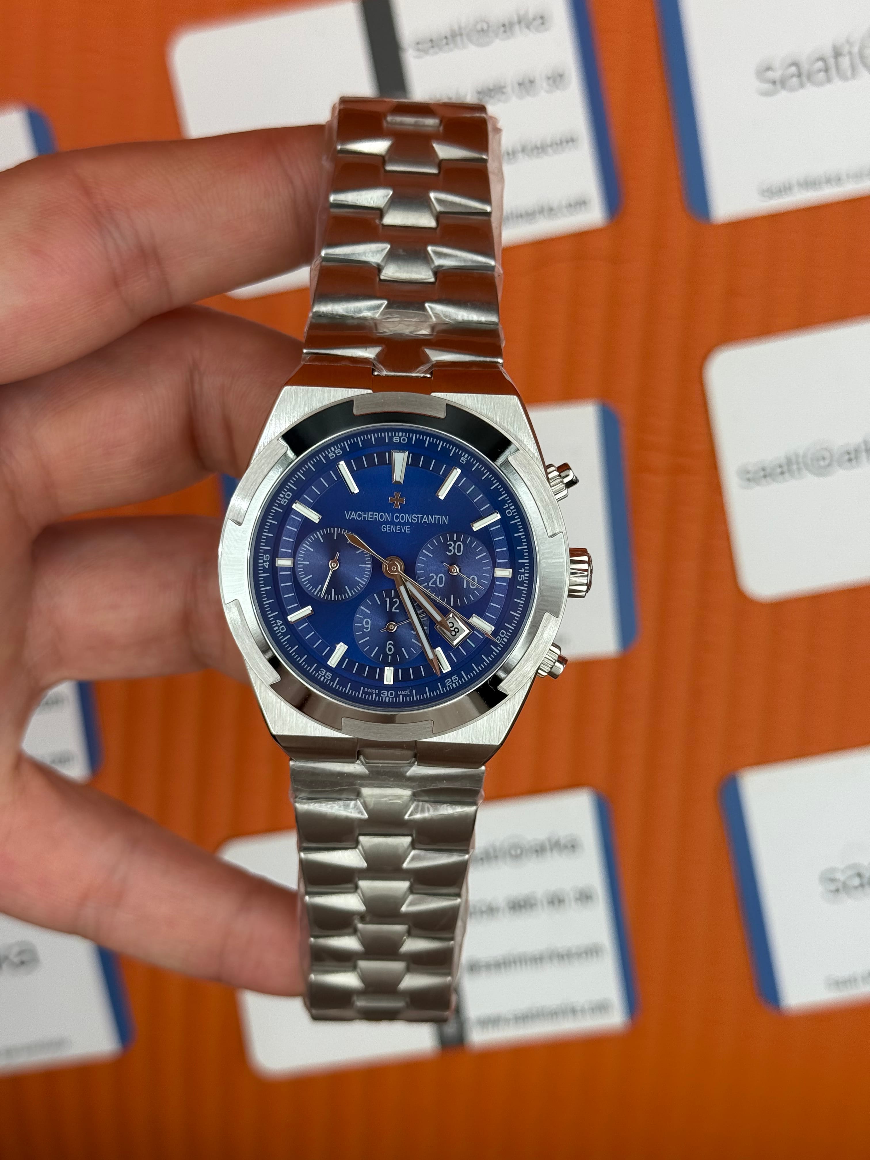 VACHERON CONSTANTIN overseas chronograph mavi kadran silver kasa kordon erkek kol saati