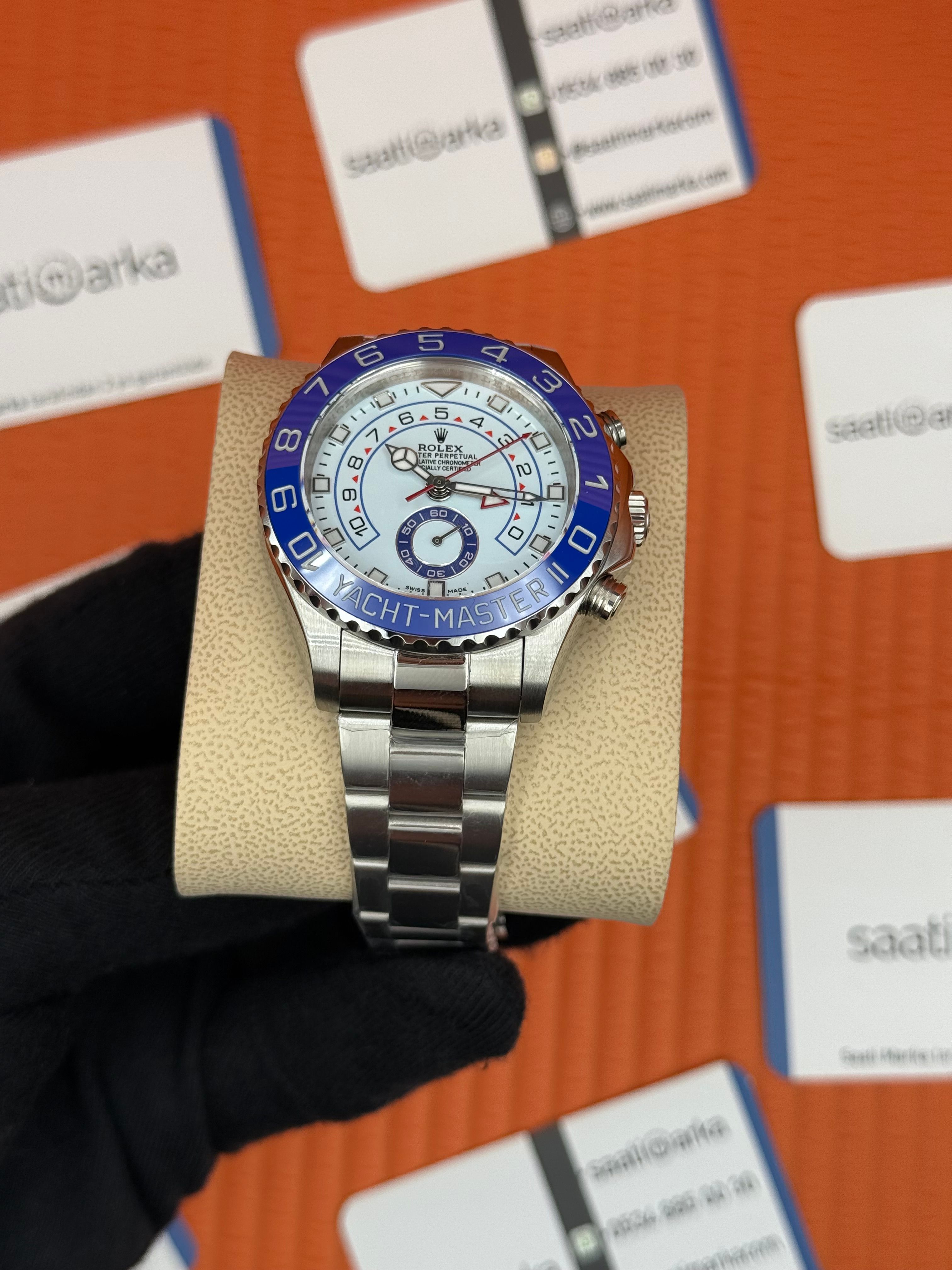 ROLEX Yacht Master oyster white dial blue bezel silver kasa-kordon