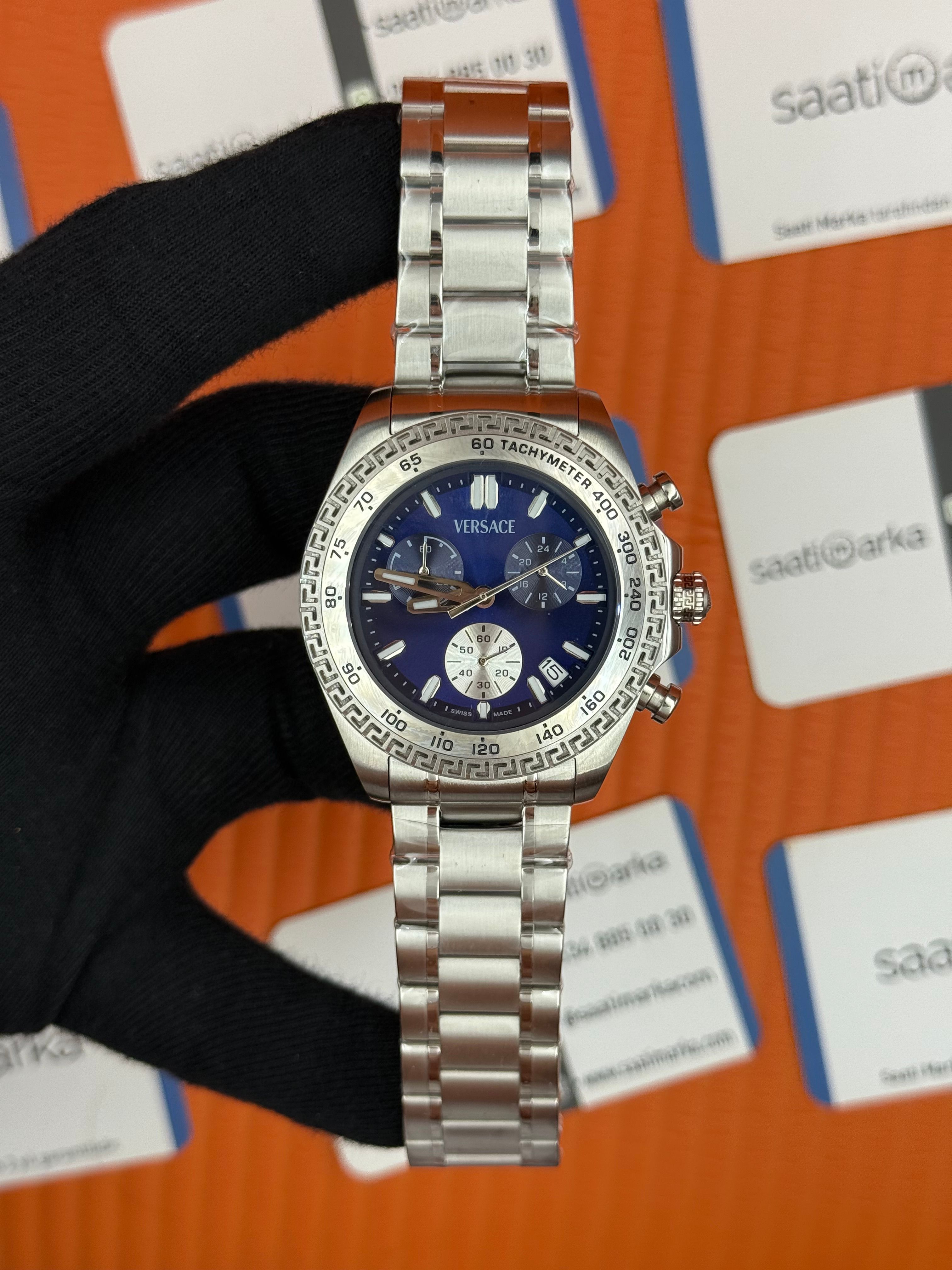 VERSACE mavi kadran silver kasa kordon erkek kol saati