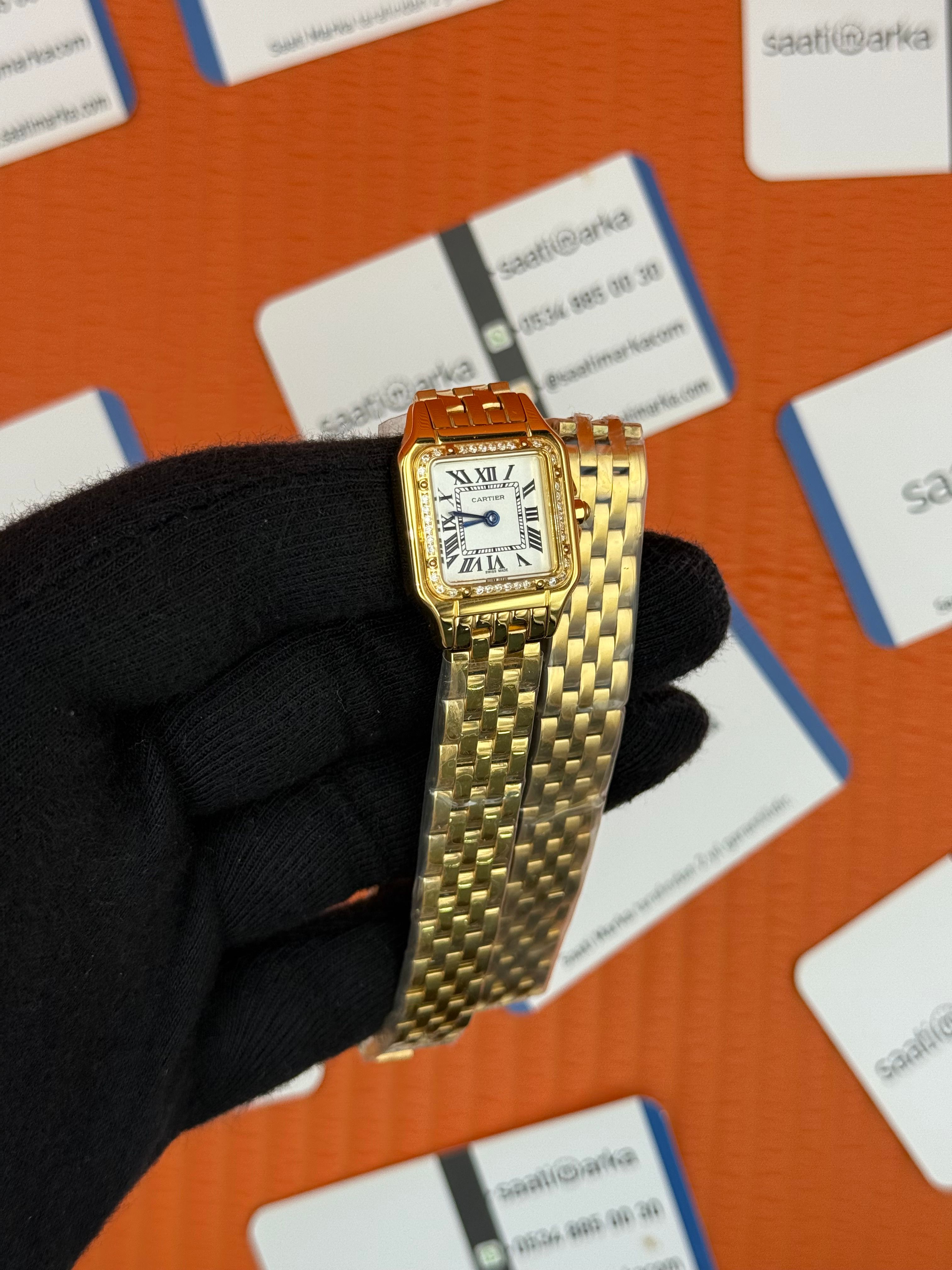 CARTIER Panthere 22mm çift sarma gold kordon taşlı bezel gold kasa 