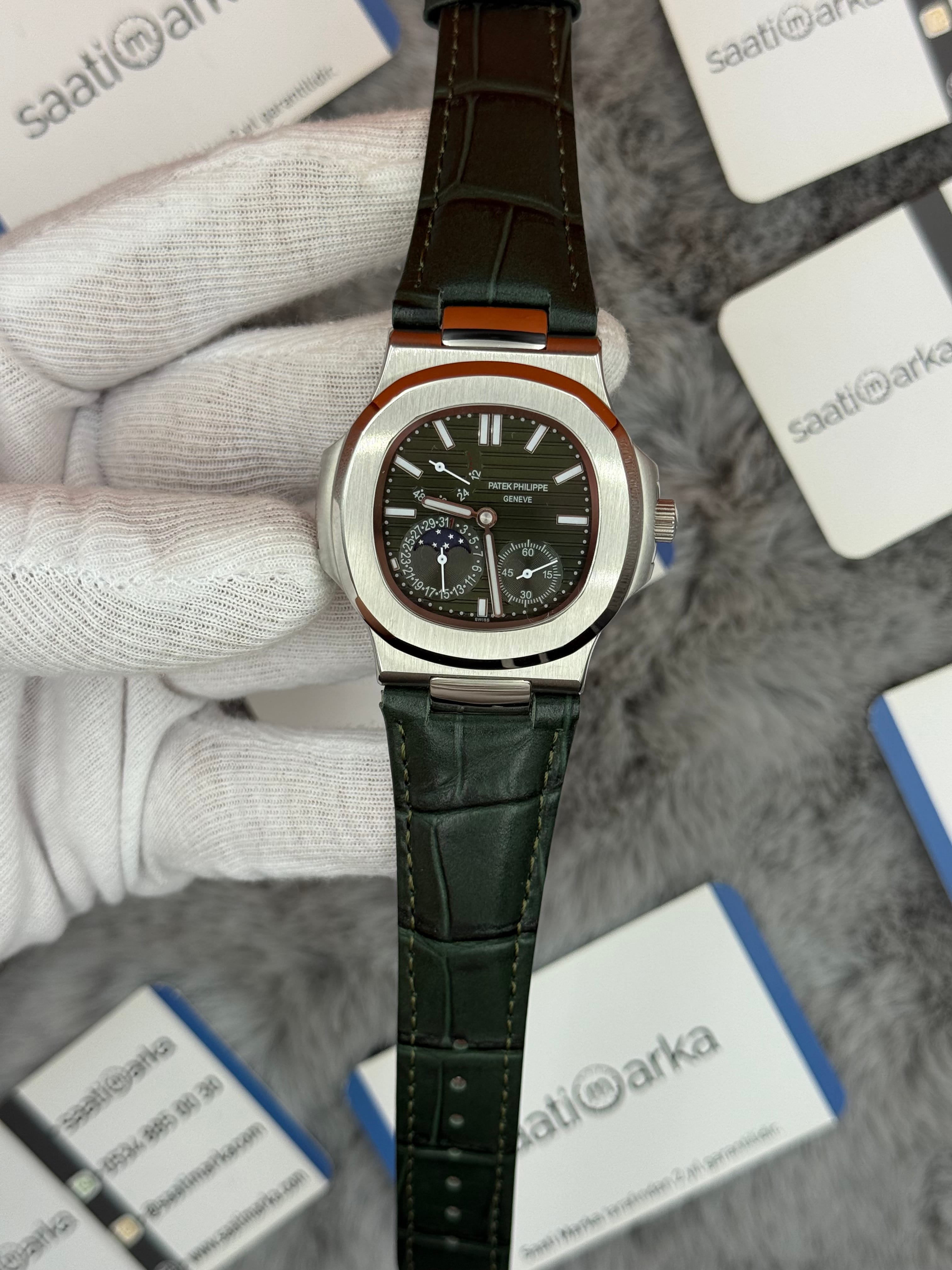 PATEK PHİLİPPE nautilus moontphase 5712 yeşil kadran yeşil deri kordon silver kasa 40mm erkek kol saati
