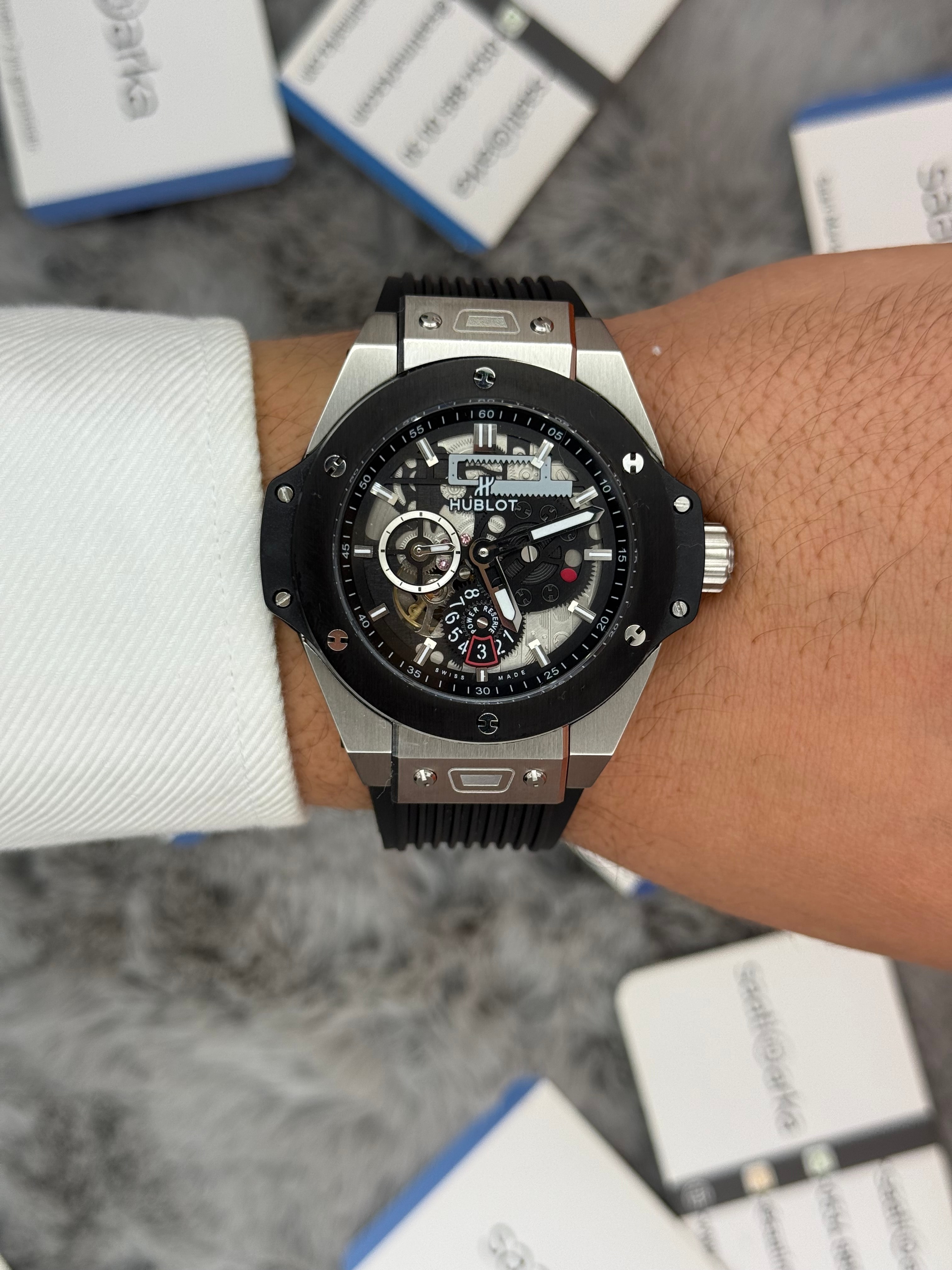 HUBLOT big bang tourbillon 42mm silver kasa siyah kauçuk kordon erkek kol saati