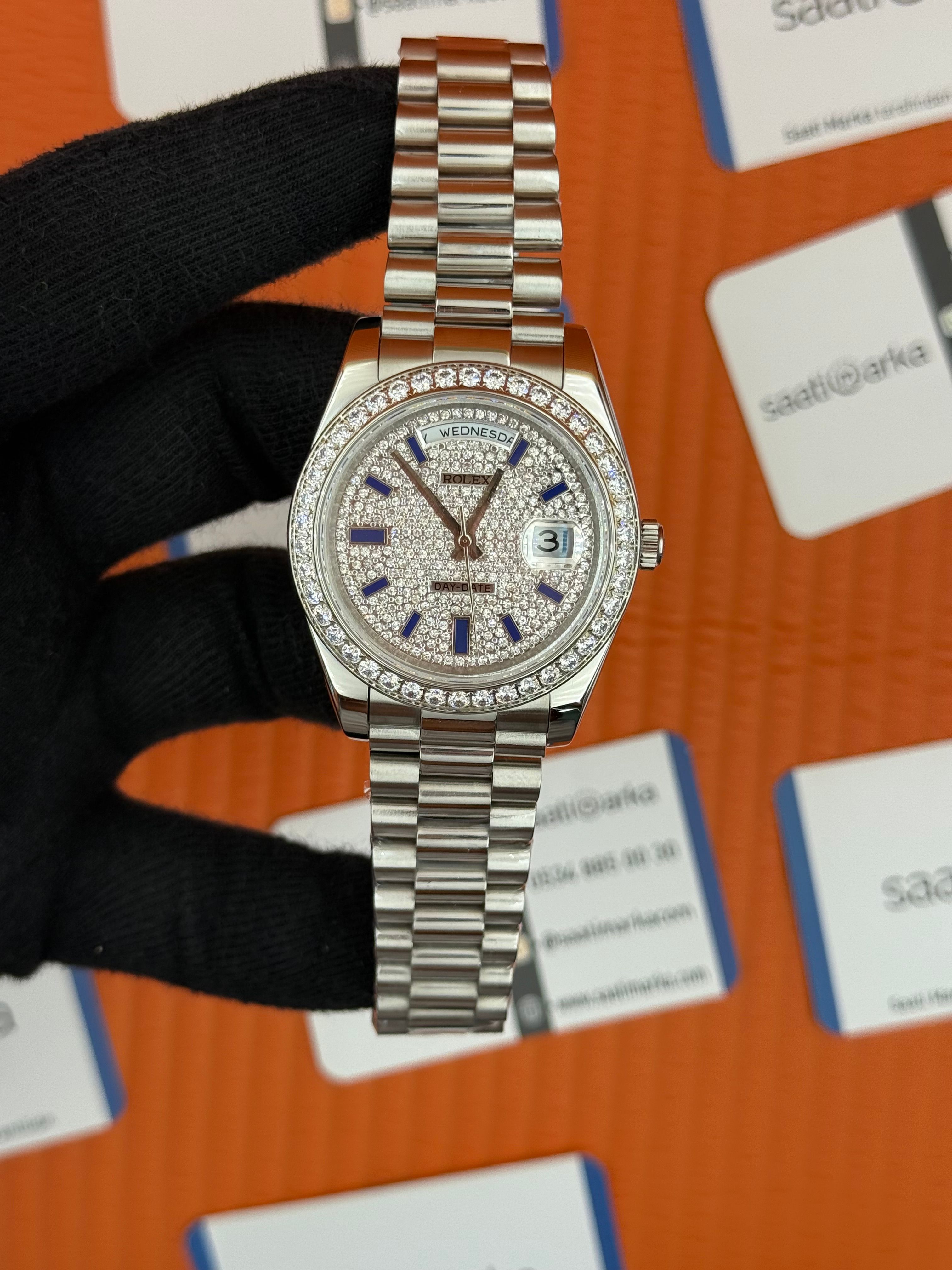 ROLEX Day Date taşlı bezel-kardan silver president kordon