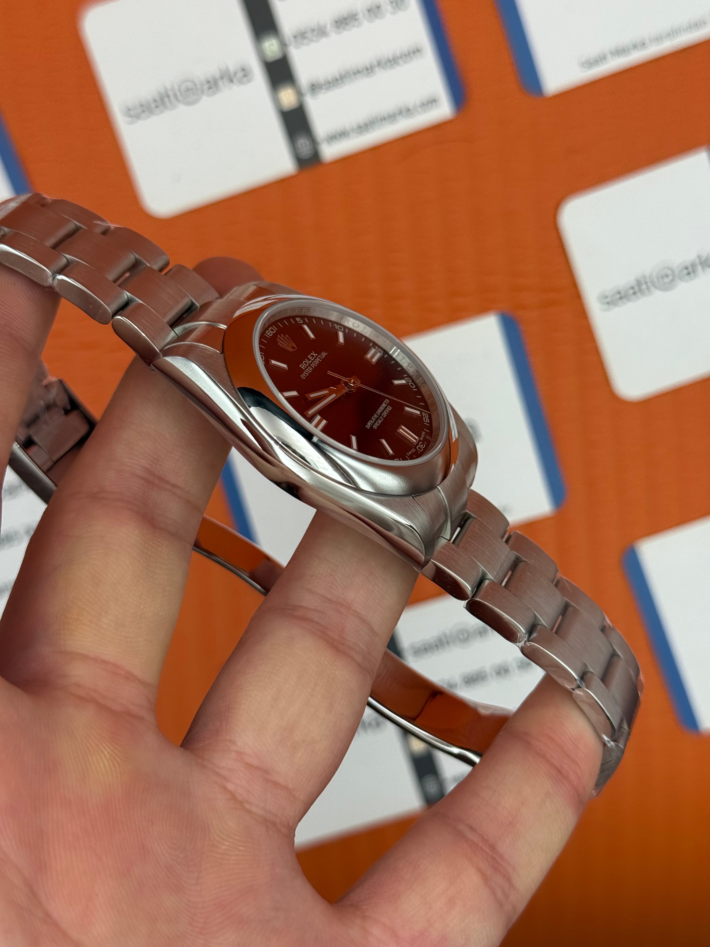 ROLEX oyster perpetual vişne kadran silver kasa kordon erkek kol saati
