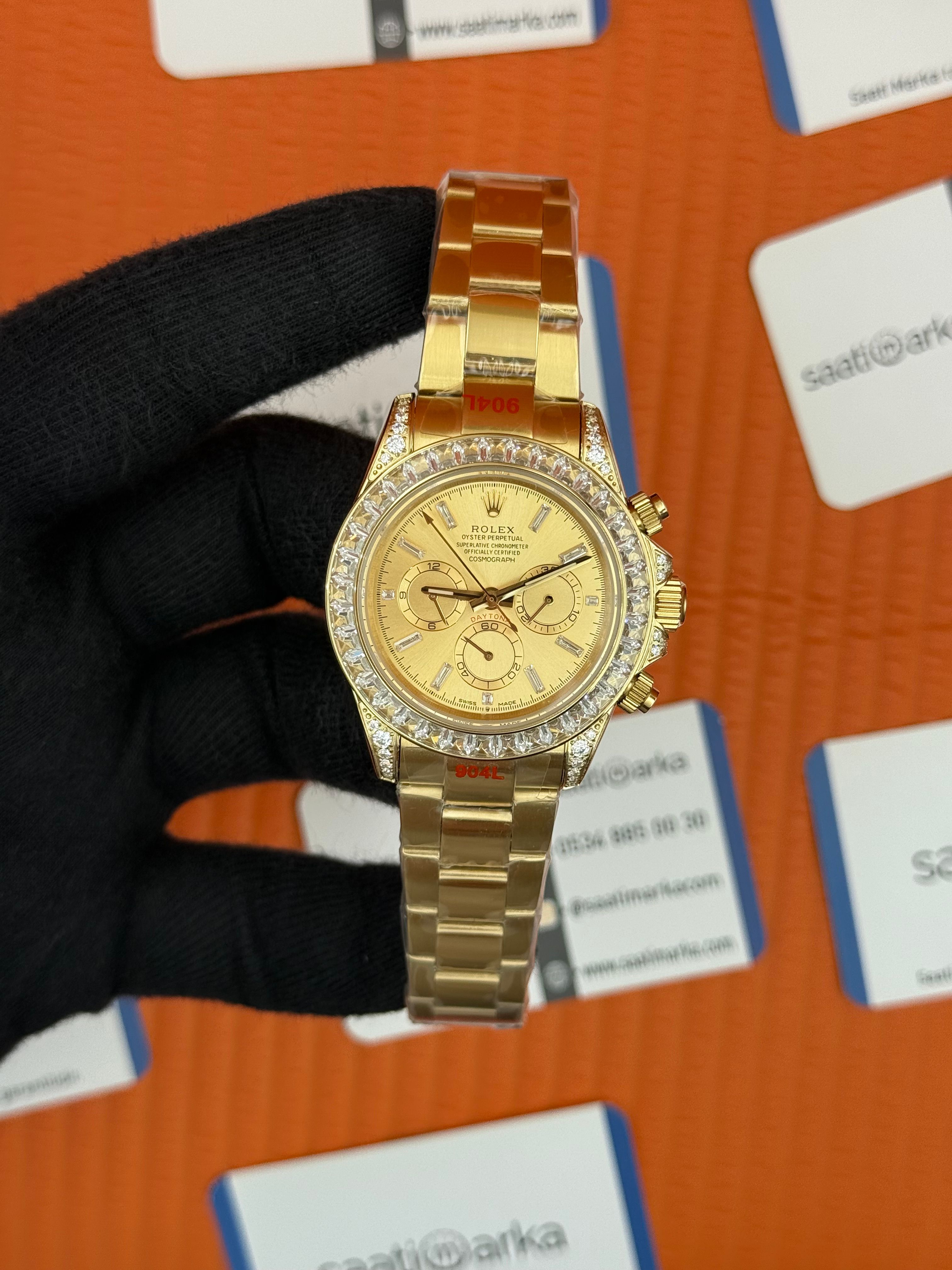 ROLEX Daytona taşlı bezel champagne dial gold kasa-kordon