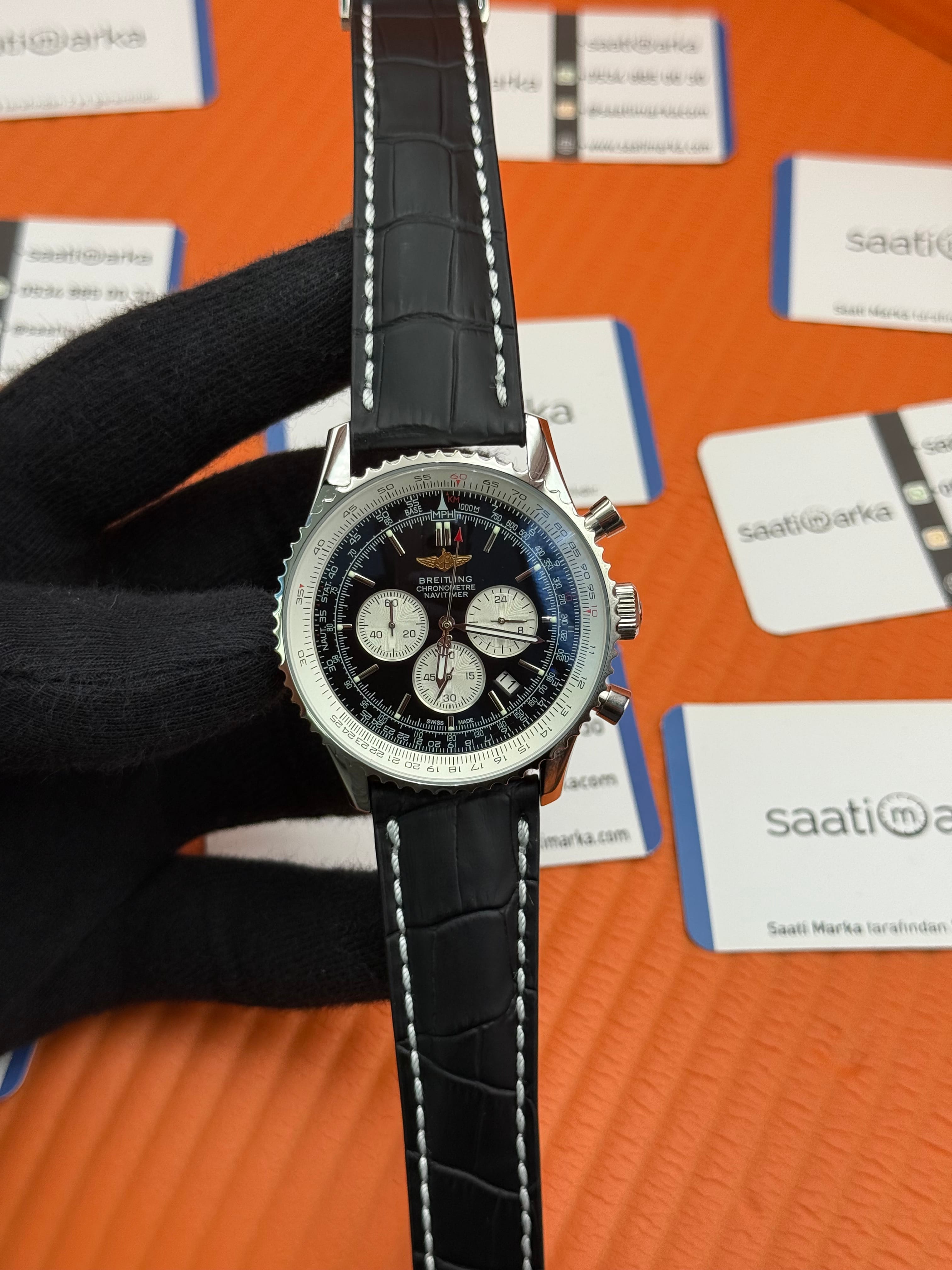 BREITLING Navitimer siyah deri kordon siyah kadran çelik kasa