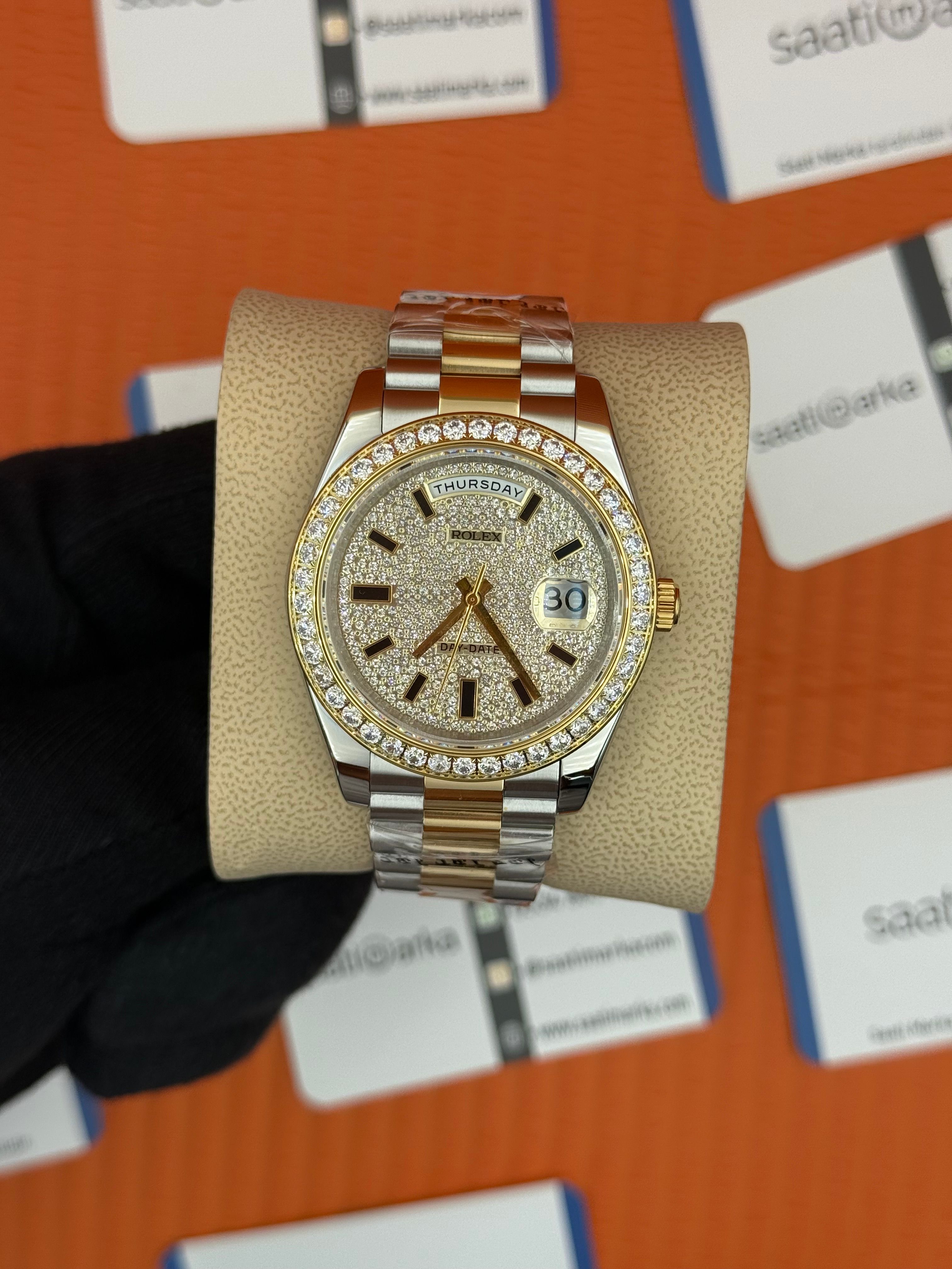 ROLEX Day Date taşlı kadran-bezel gold silver president kordon