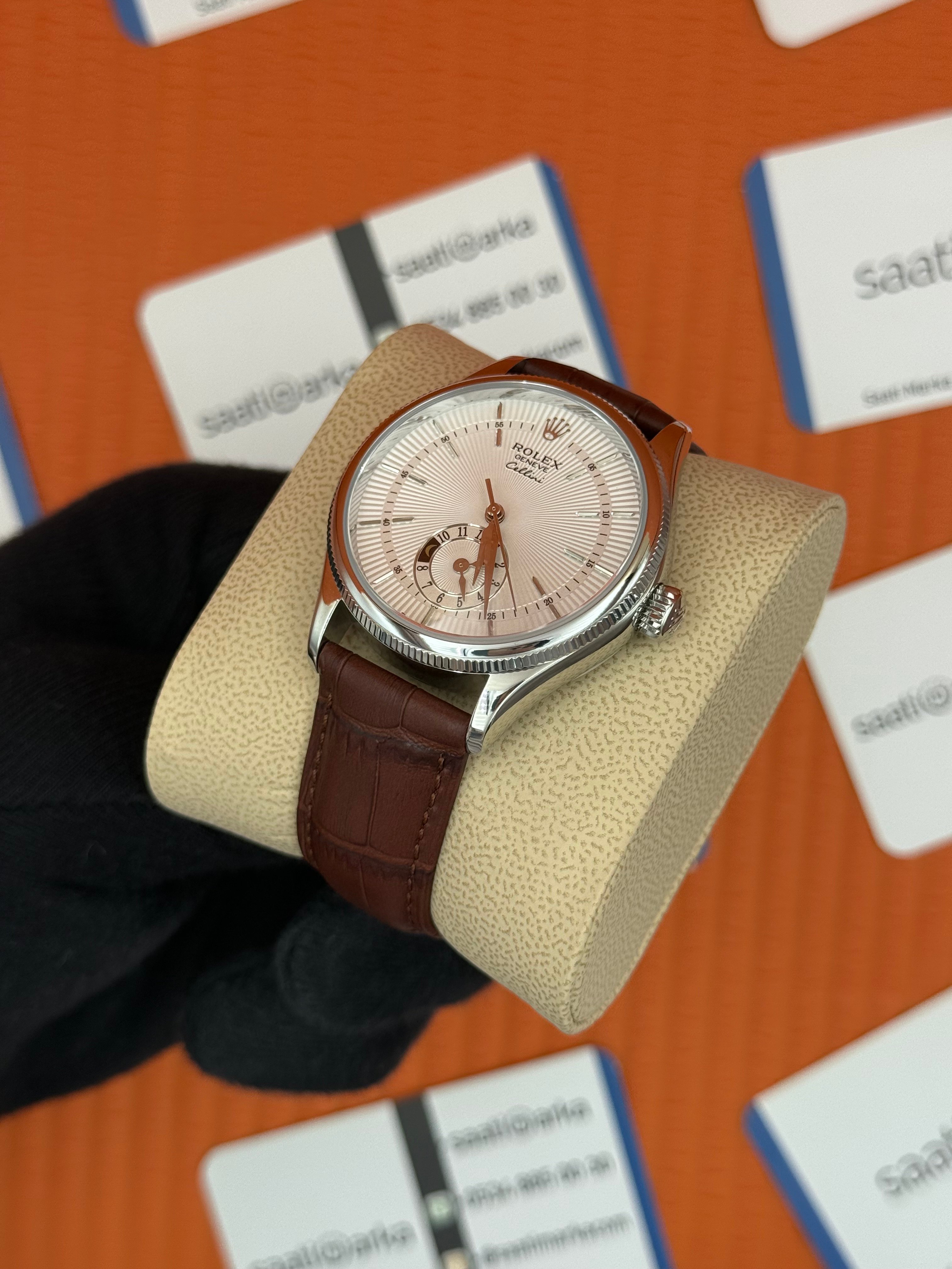 ROLEX Cellini silver kasa beyaz kadran kahverengi deri kordon