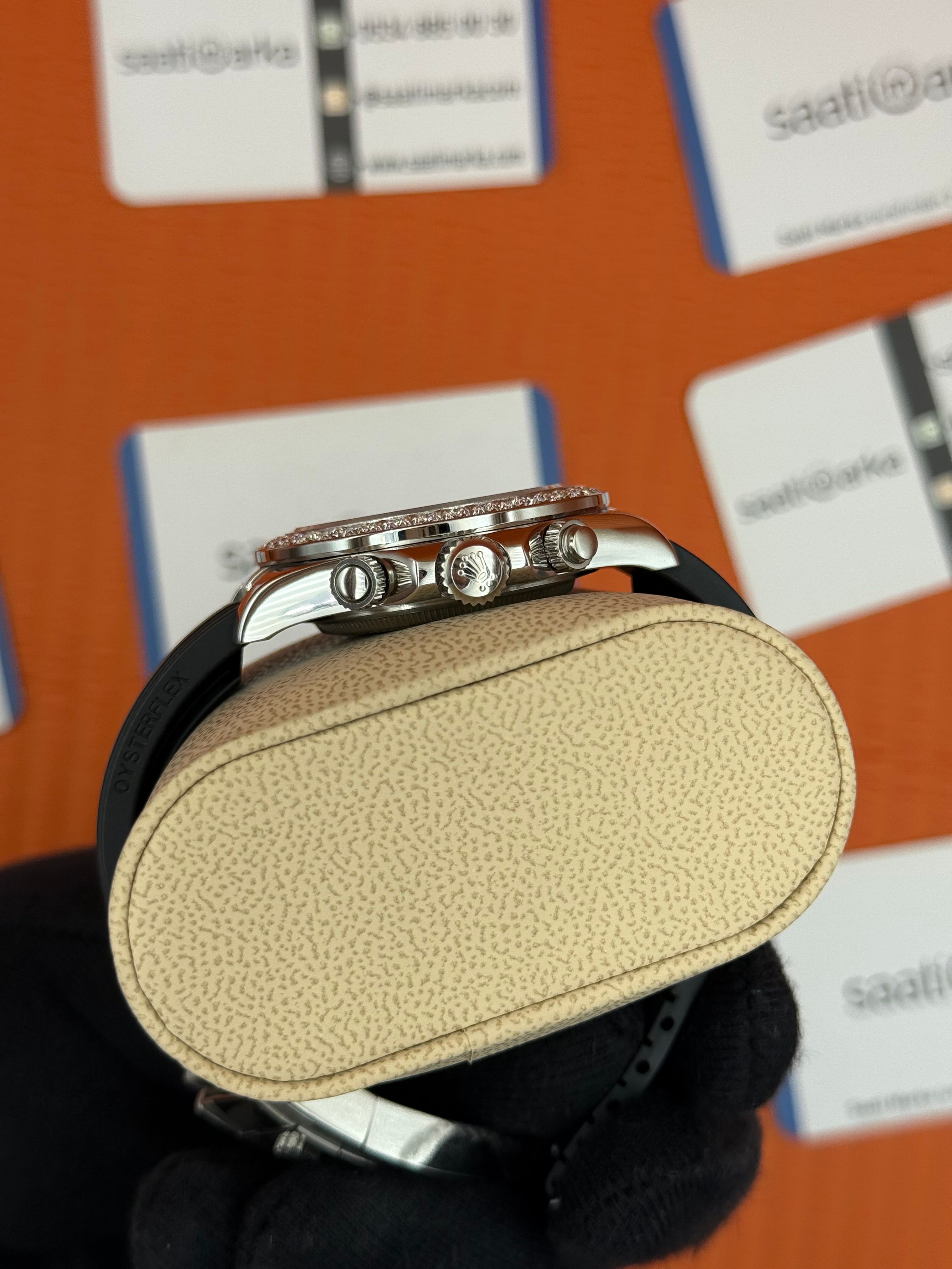 ROLEX Daytona taşlı bezel baget taşlı sedefli kadran kauçuk kordon