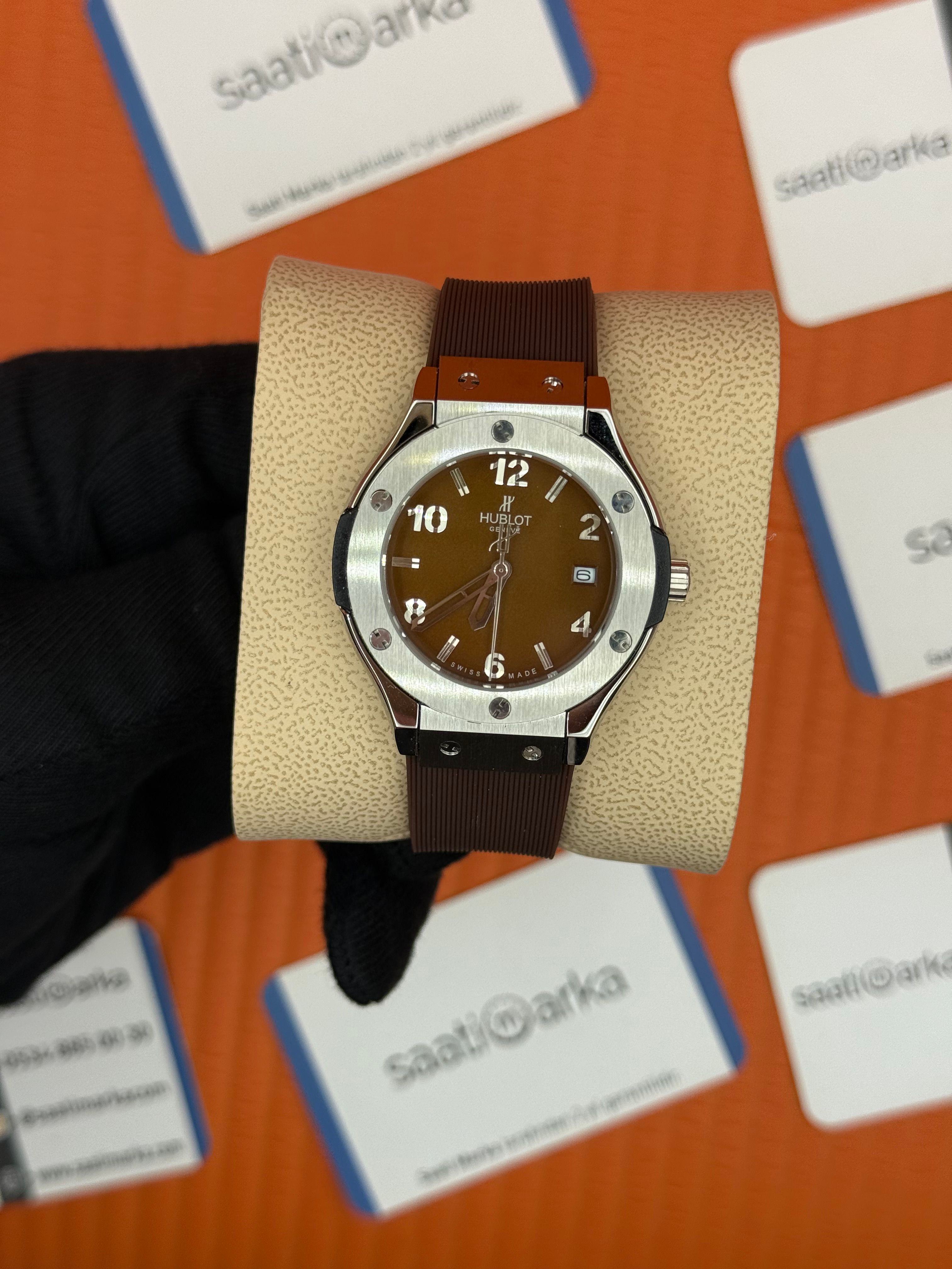 HUBLOT kahverengi kadran kahverengi kauçuk kordon silver kasa kadın kol saati