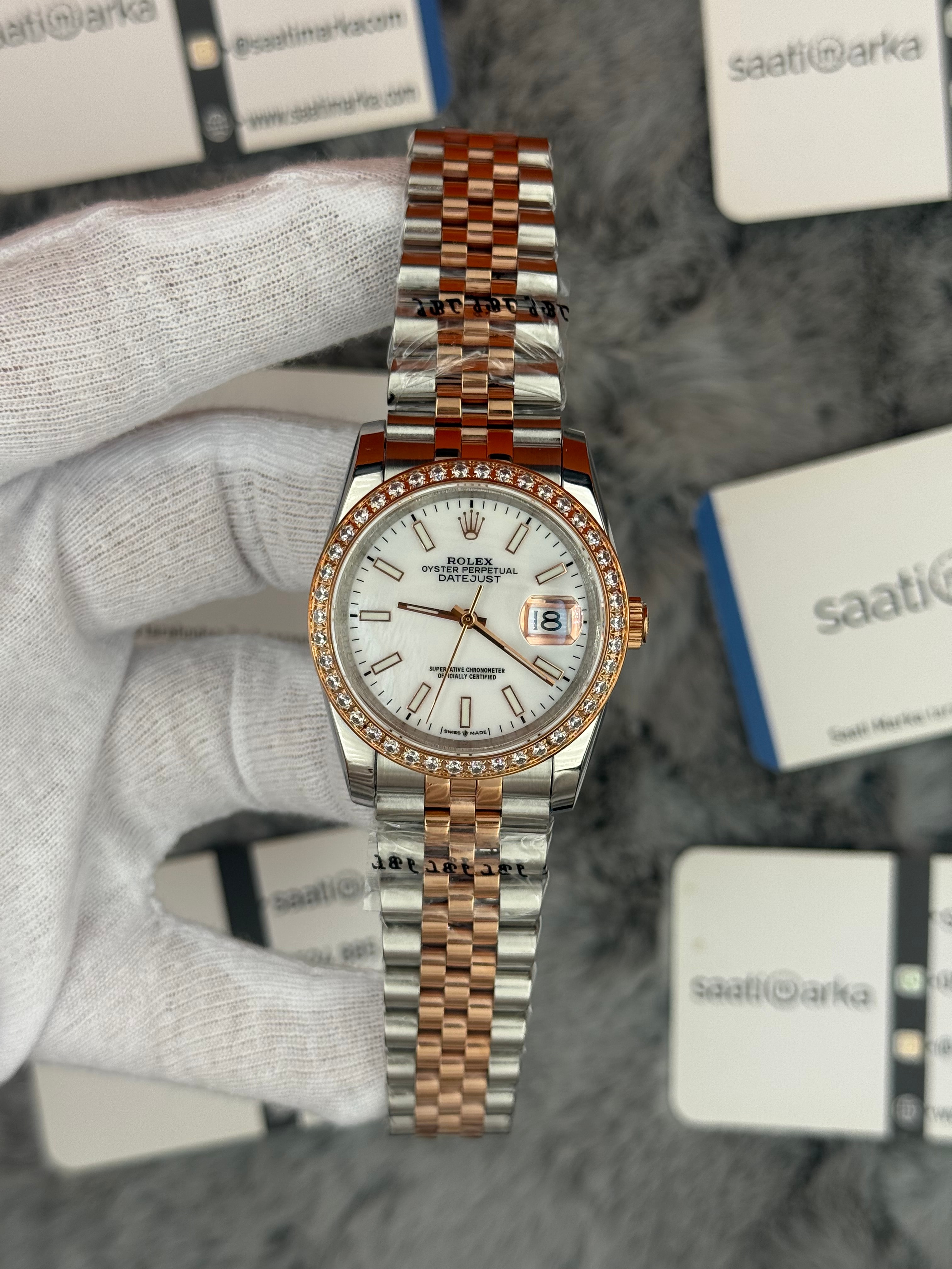 ROLEX datejust 36mm beyaz kadran taşlı bezel silver kasa rose silver jubilee kordon