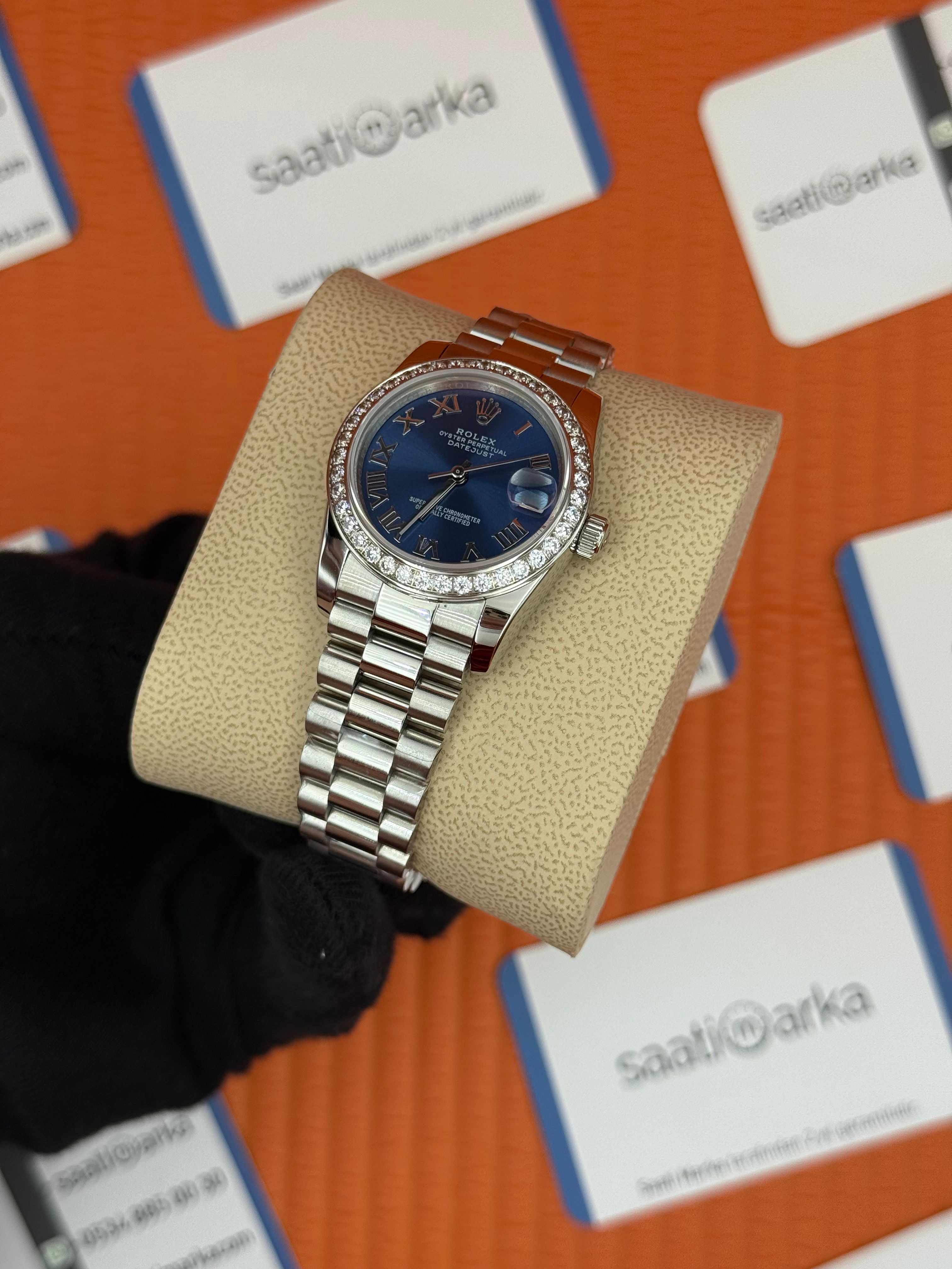 ROLEX datejust 31mm mavi roma rakamlı kadran president kordon taşlı bezel 
