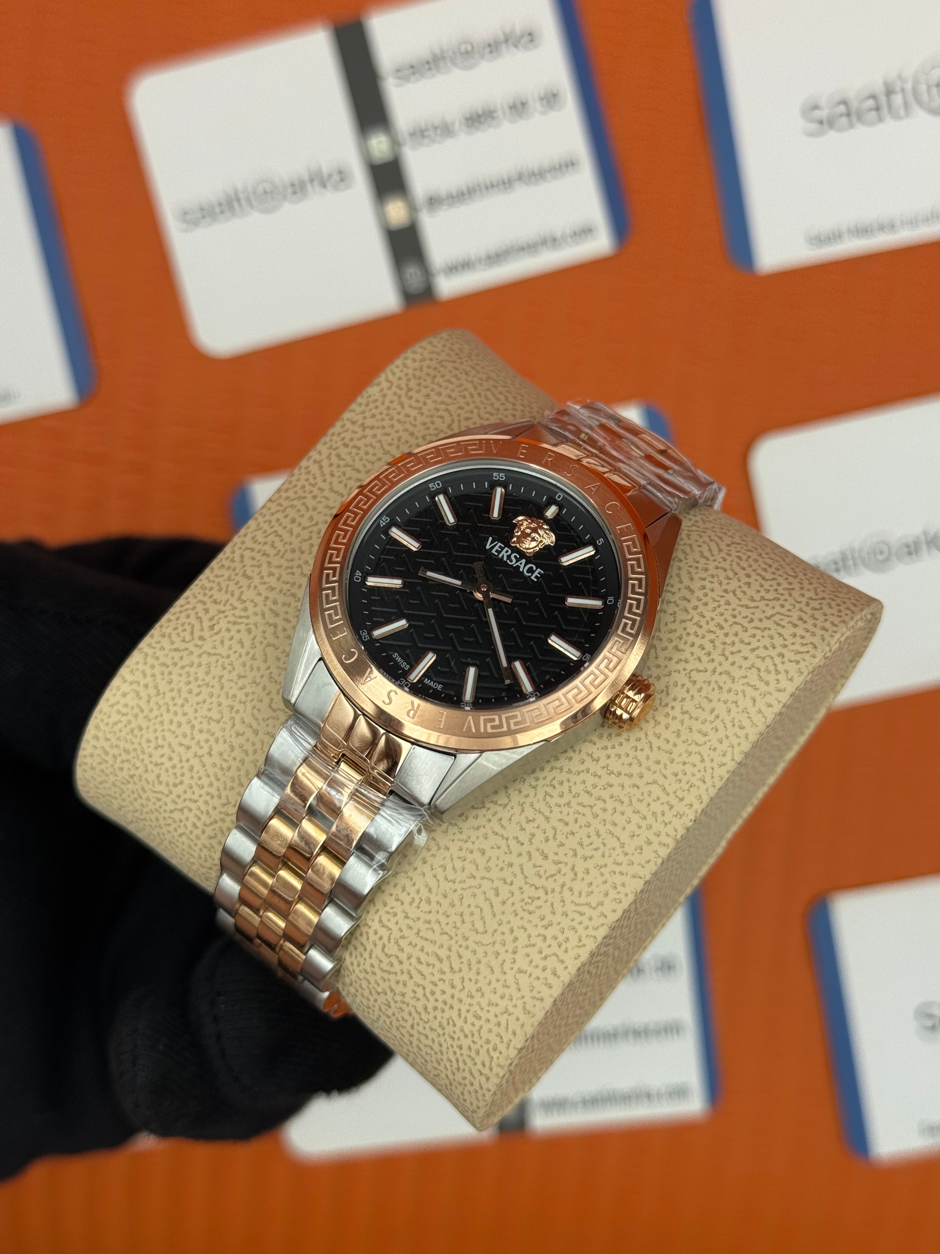 VERSACE siyah kadran rose silver kasa kordon kadın kol saati