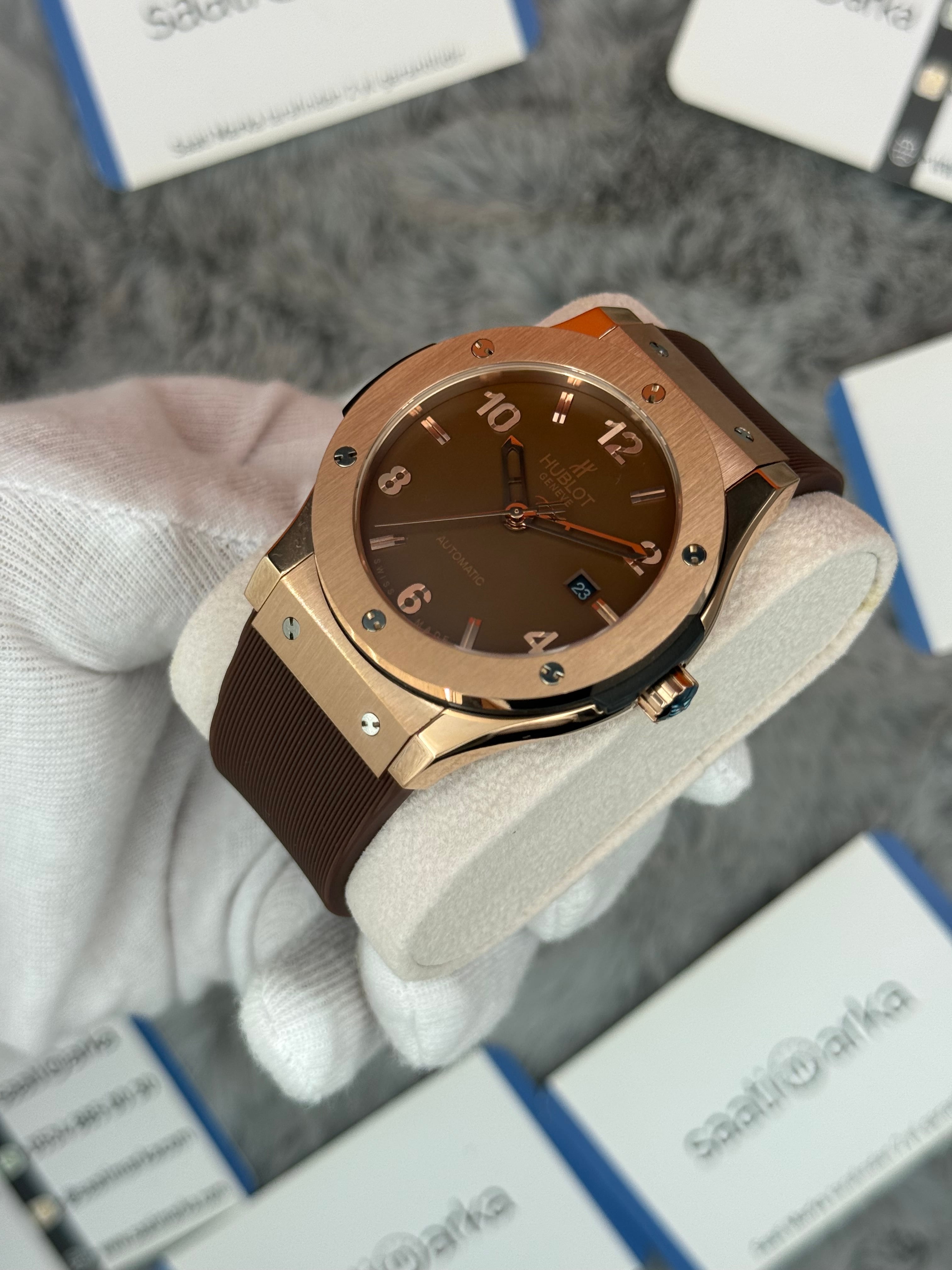 HUBLOT vendome 41mm rose kasa kahverengi kadran kahverengi kauçuk kordon erkek kol saati