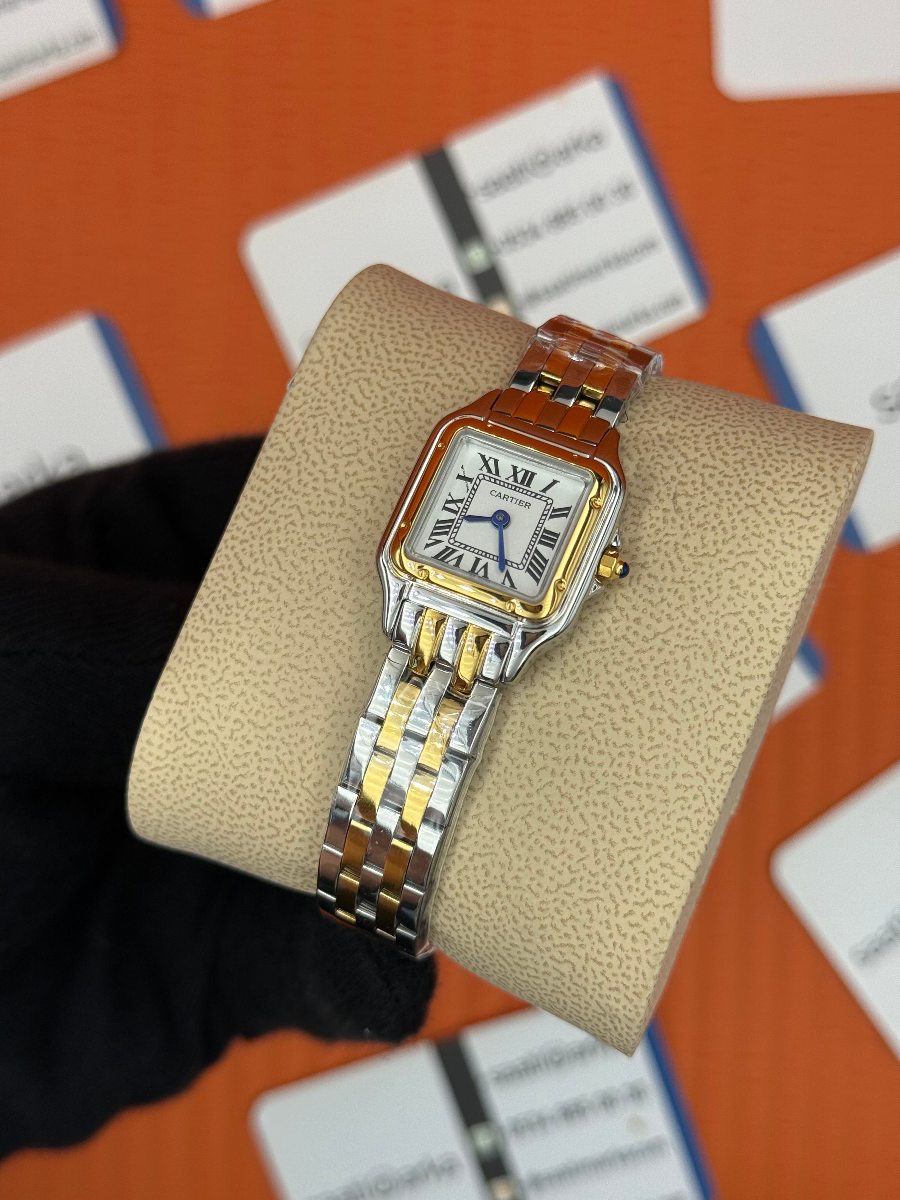 CARTIER Panthere 22mm kasa beyaz kadran gold silver kasa-kordon leacivert akrep-yelkovan 